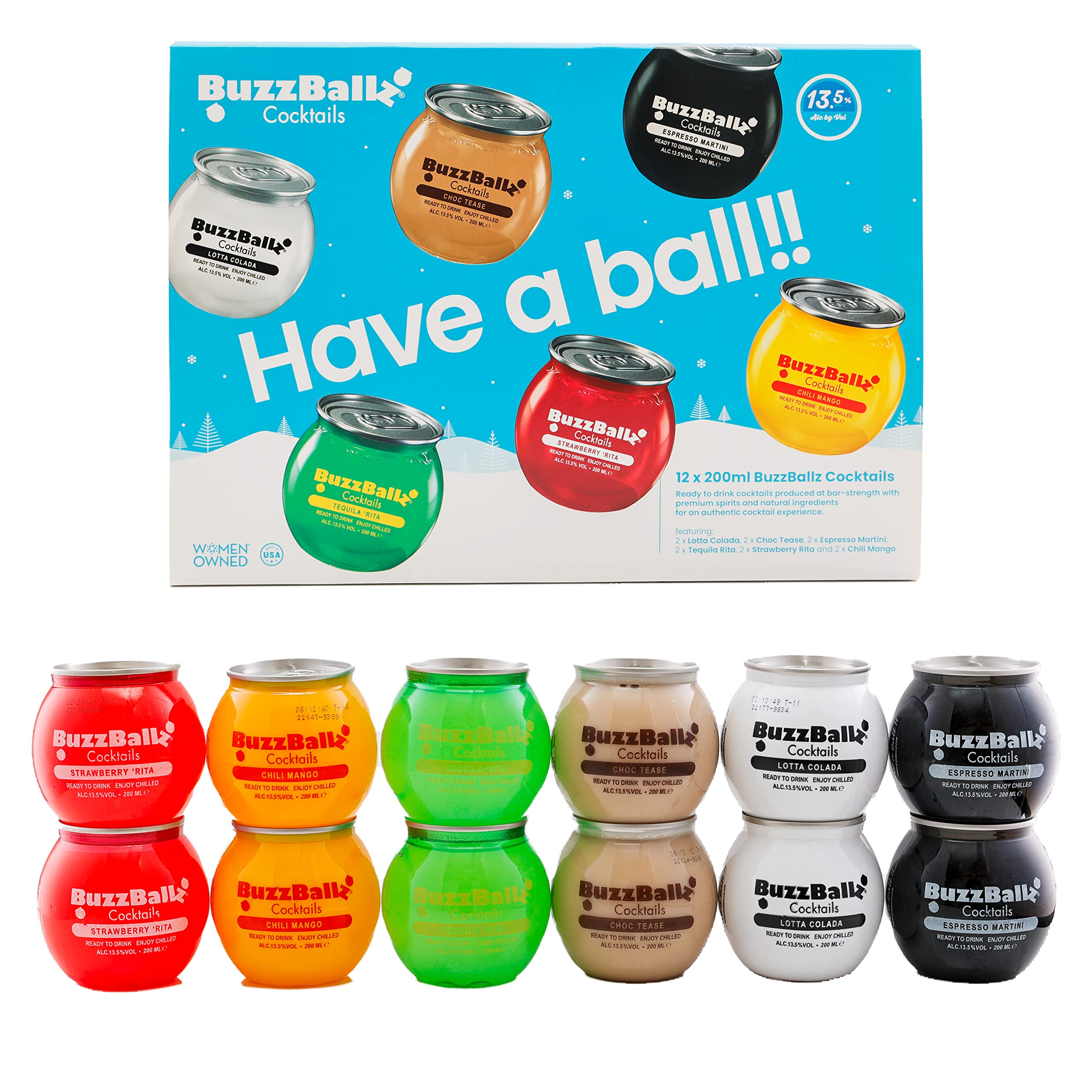 BuzzBallz Cocktails – Mixed Case (13.5% ABV) | Pre-Mixed Cocktails (12 x 200ml) | Ready To Drink – 2 each of Tequila ‘Rita, Strawberry ‘Rita, Chili Mango, Lotta Colada, Choc Tease & Espresso Martini