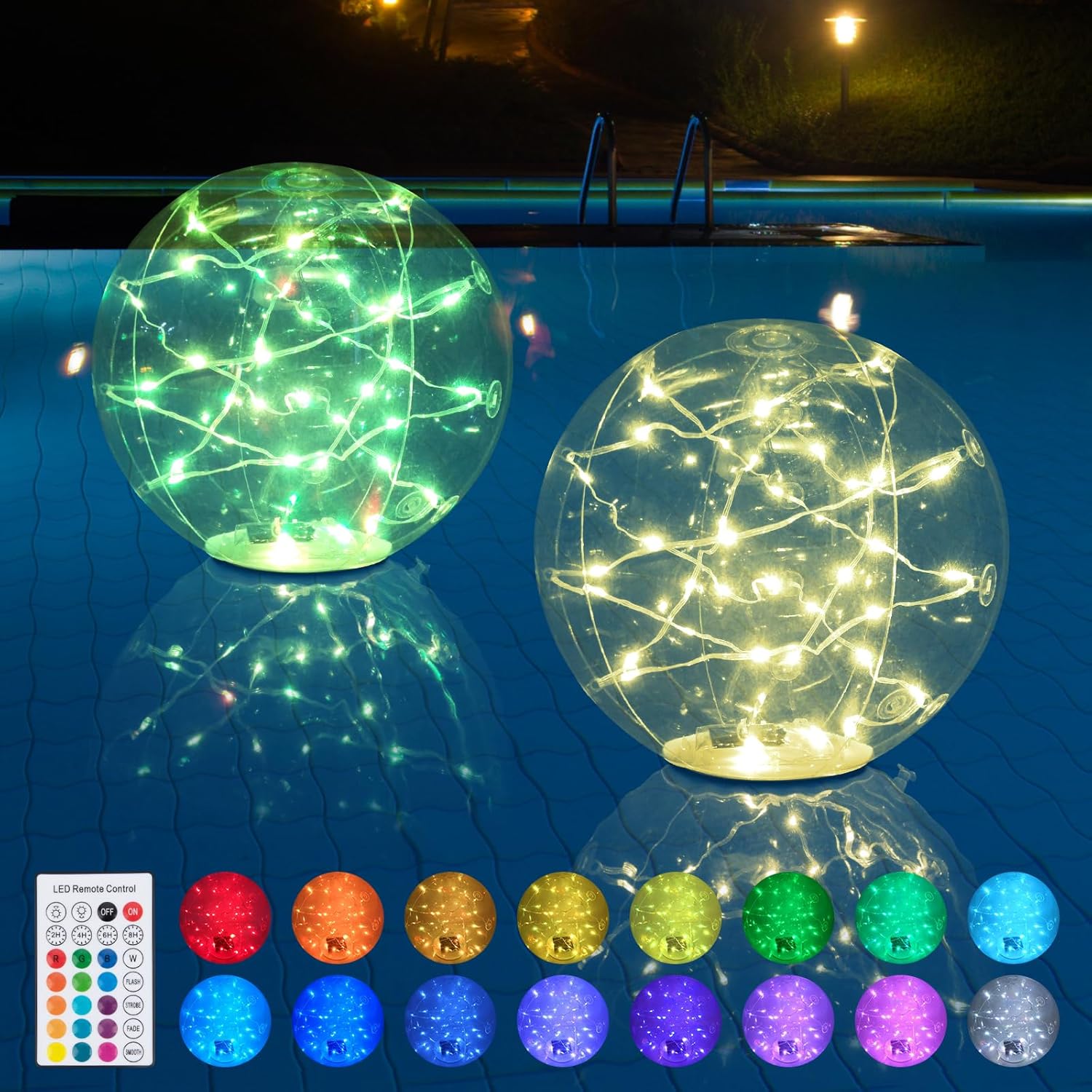 Floating Pool Lights Solar Powered, IP68 Waterproof 14 Inch Inflatable Pool Lights, 6 Lighting Modes Floating Pool Balls for Pool Garden Lawn Party Decorations - 2PCS