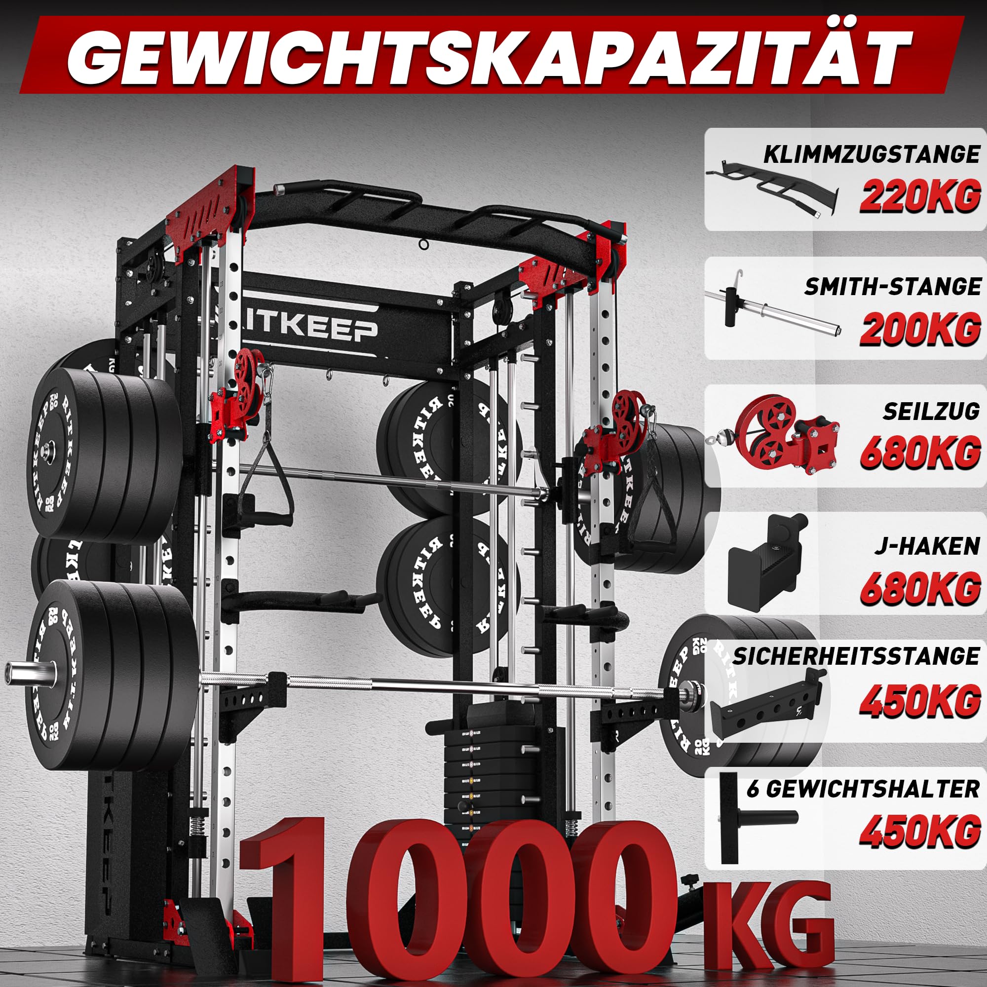 Heimtrainer Smith-Maschine mit 150 kg Gewichtsblöcken, 6-in-1 Power Rack mit Kabelzug, Klimmzug- & Dip-Station, Fitnessgerät für das Home-Gym – RitKeep PMAX-5600