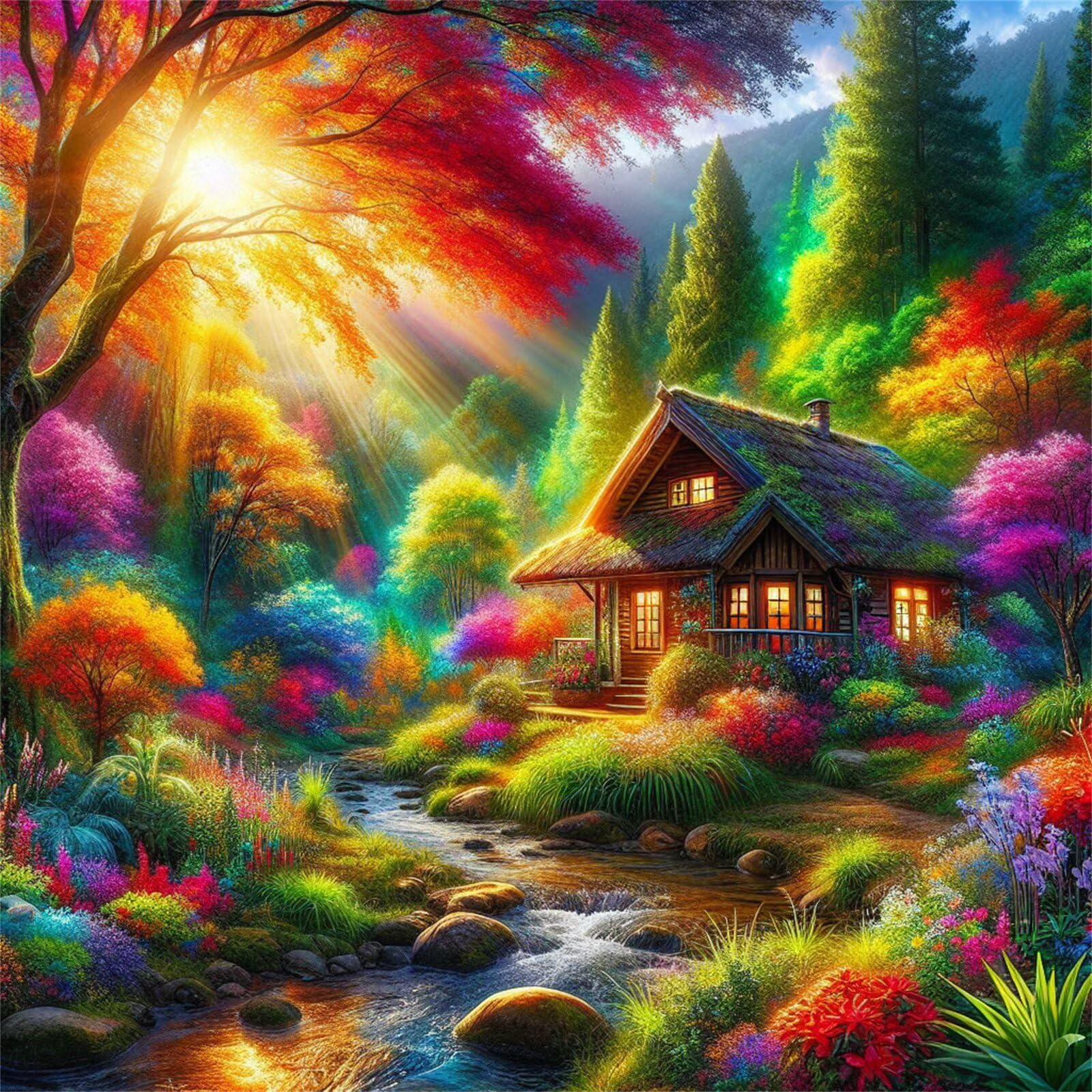 Jinmer Diamond Painting Cabaña Sunlight Woods,5D Diamond Painting Kit Completo,DIY Cuadros de Diamantes para Adultos,Rhinestone Bordado Punto de Cruz Manualidades Hogar Pared Decoración 65x65 cm