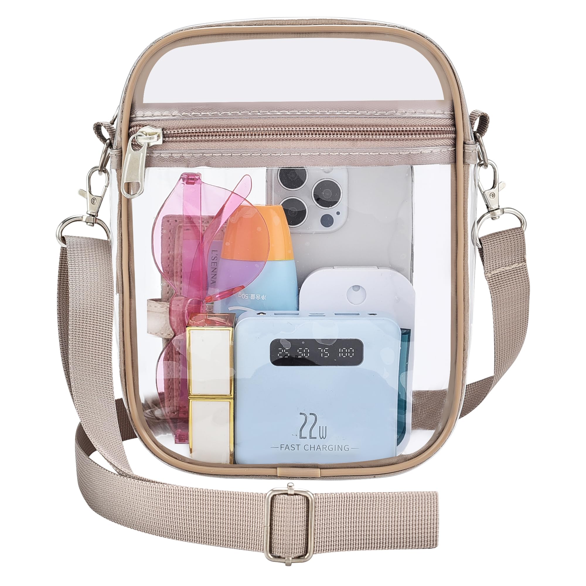 Clear Stadium Bag 12×12×6 Policy Compliant Transparent Crossbody Purse, Waterproof PVC Clear Bag for Concerts Events, Khaki, Mini