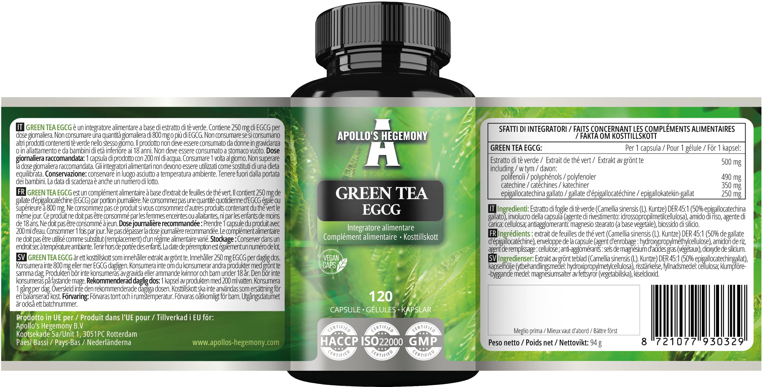 Estratto di tè verde 500 mg, contiene il 50% di EGCG e il 98% di polifenoli, 120 capsule vegane, 4 mesi di fornitura, bruciagrassi naturale, supporto antiossidante - da Apollo's Hegemony