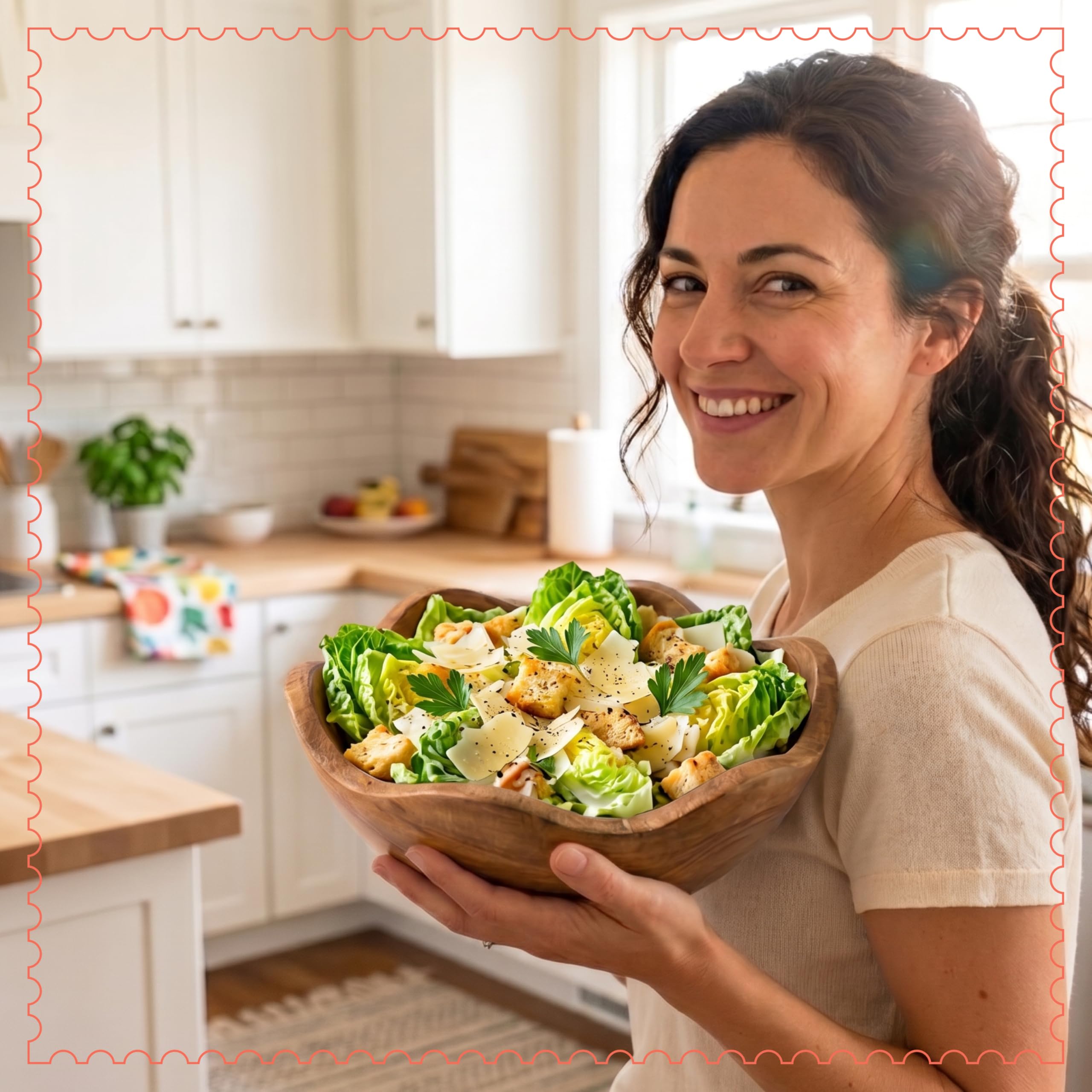 Mela Artisans Cuenco festoneado de madera, mediano, estilo decorativo con volantes, decoración rústica de cocina, madera de mango, acabado de grano natural, se adapta a pan, frutas, ensalada o