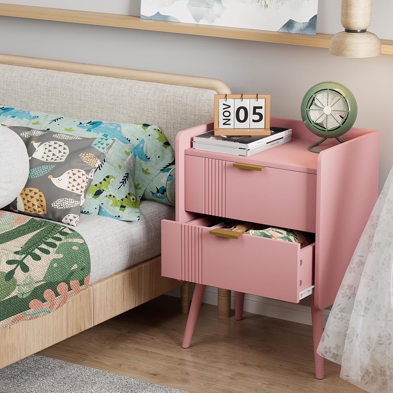 Nightstand Modern Bedside Table with 2 Storage Drawer, Small Night Stand, Wooden Sofa Side Table for Bedroom,Study Room and Small Spaces (Pink)