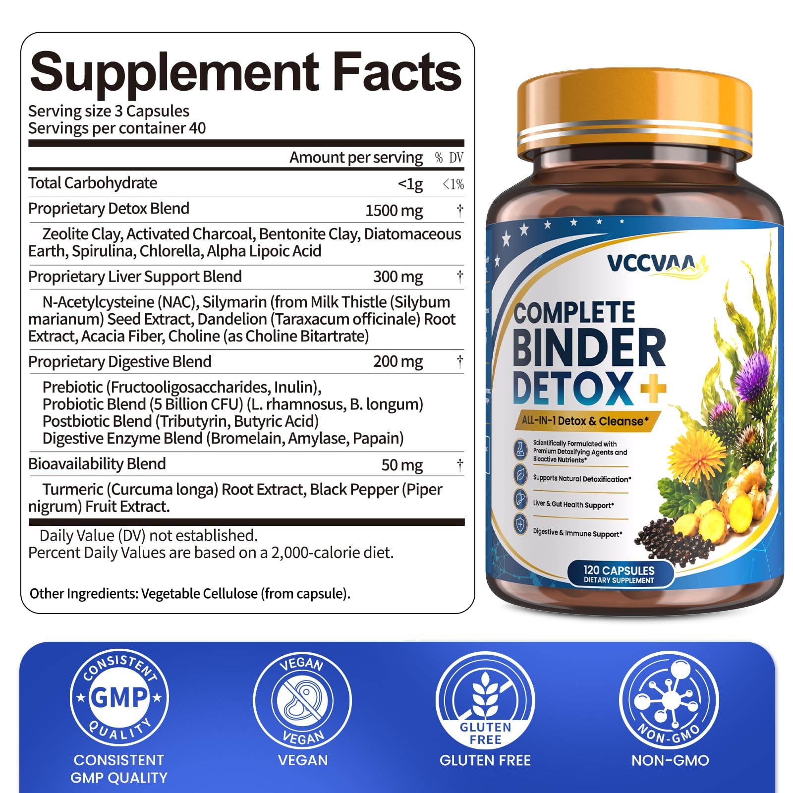 18+ Ingredients Detox & Full Body Cleanse Pills - GI, Parasite & Zeolite Detox, Activated Charcoal, Bentonite Clay, 5 Billion CFU, Probiotics, NAC, Turmeric, Liver Support, 120 Vegan Capsules — Amazon image 2