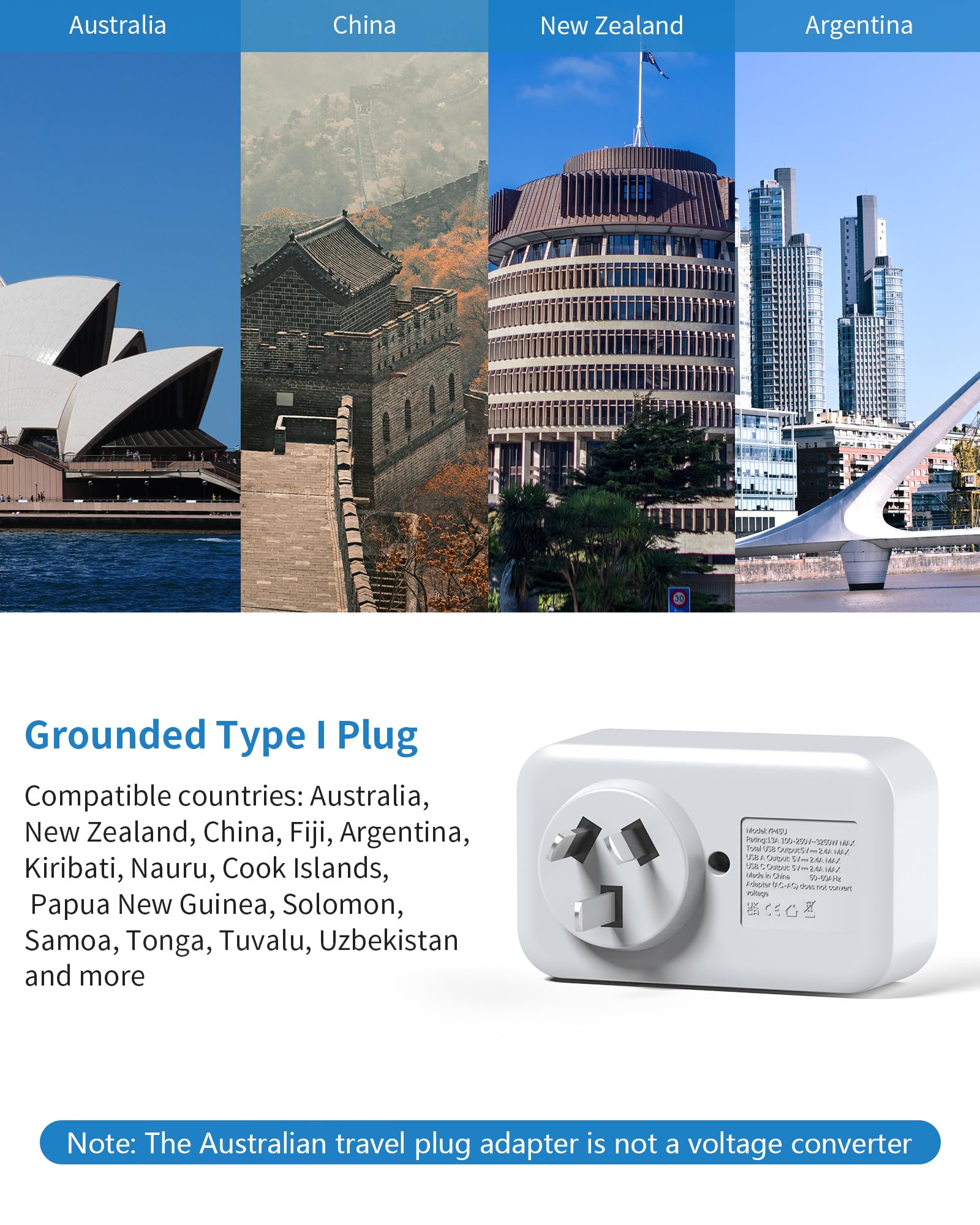 UK To Australia Plug Adapter with 3 USB, China New Zealand Australian Plug Adaptor from UK - Image 3