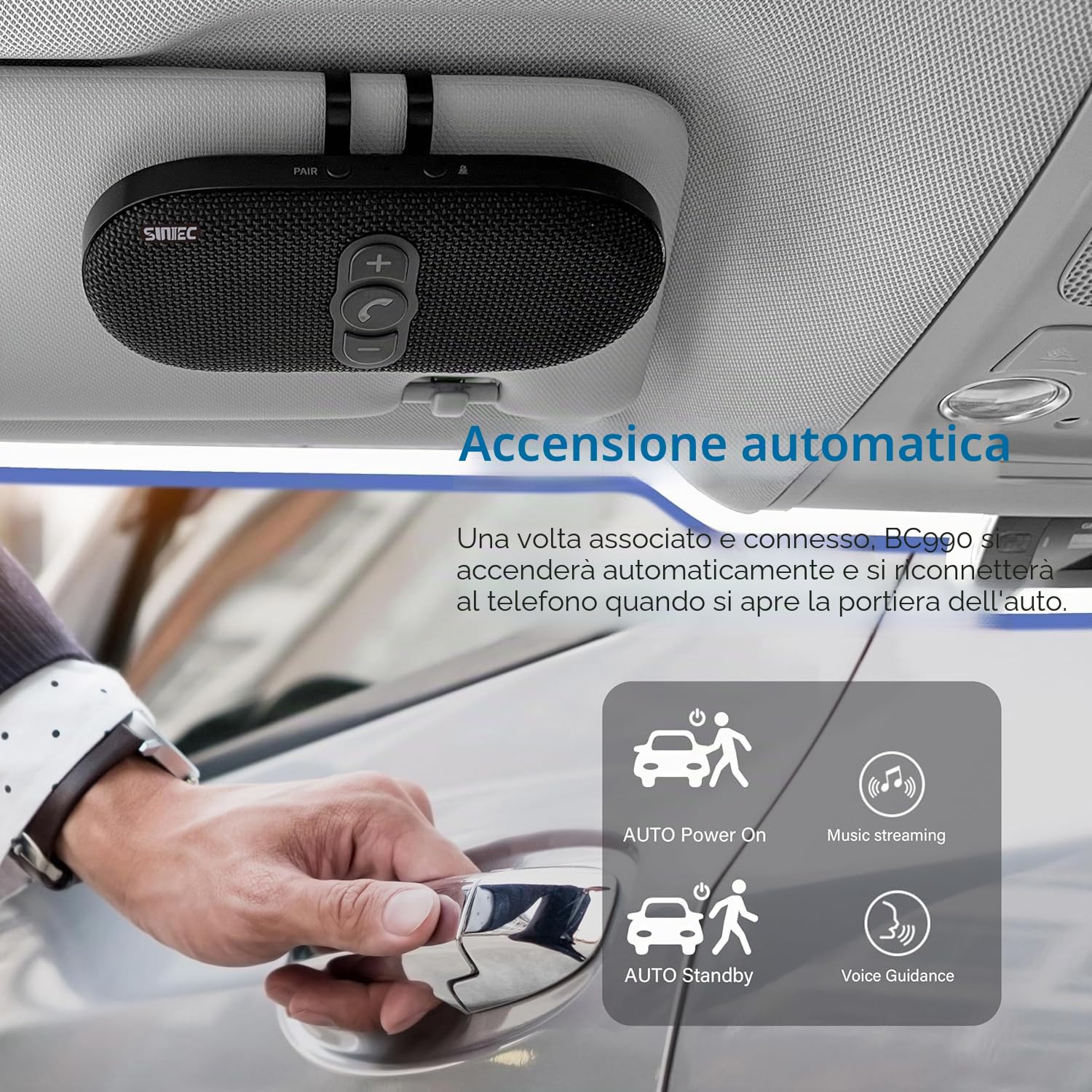 Vivavoce per auto Bluetooth 5.1 con clip Wireless vivavoce si collega a Siri & Google Assistant Supporto Auto ON Off Altoparlante forte 6W per GPS Musica Telefono