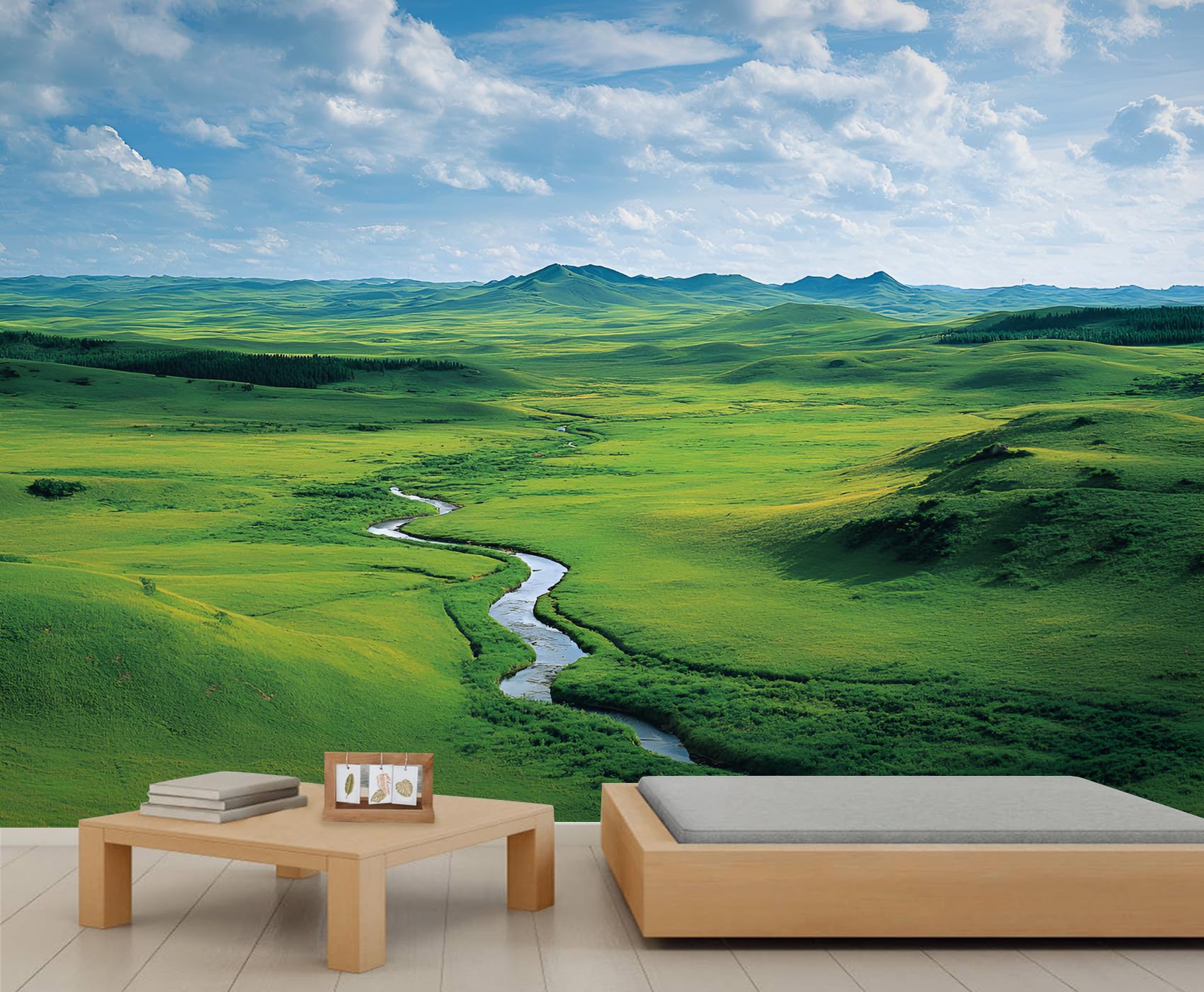 Natural Landscape Murals Green Grasslands Rivers Mountain Wallpaper for Walls Blue Sky and White Clouds Wallpaper for Kids Bedroom Living Room Boys Room Large Mural Poster 150X105cm — image 1
