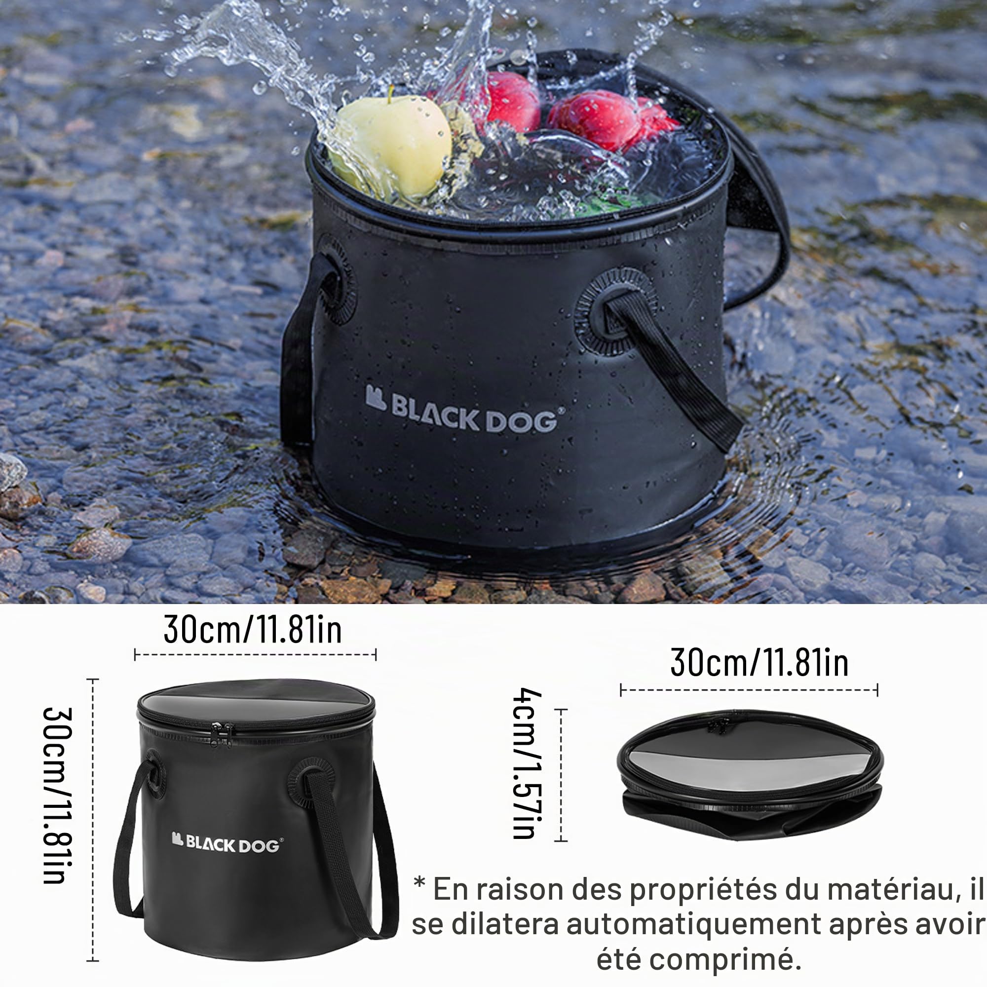 Windhike Blackdog – Seau pliable de camping de 14 litres, récipient d'eau pliable léger avec poignée et couvercle, seau pliable avec valve de sortie pour voyage, camping, randonnée, pêche, EVA
