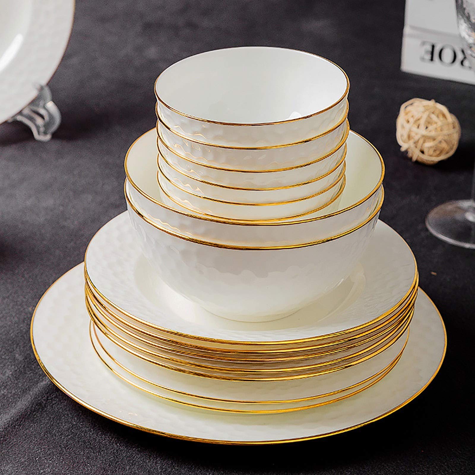 Juego de vajilla de Porcelana Fina, Cuencos y Platos Phnom Penh, Juego de vajilla Dorada Sencilla para Cocina y Restaurante.