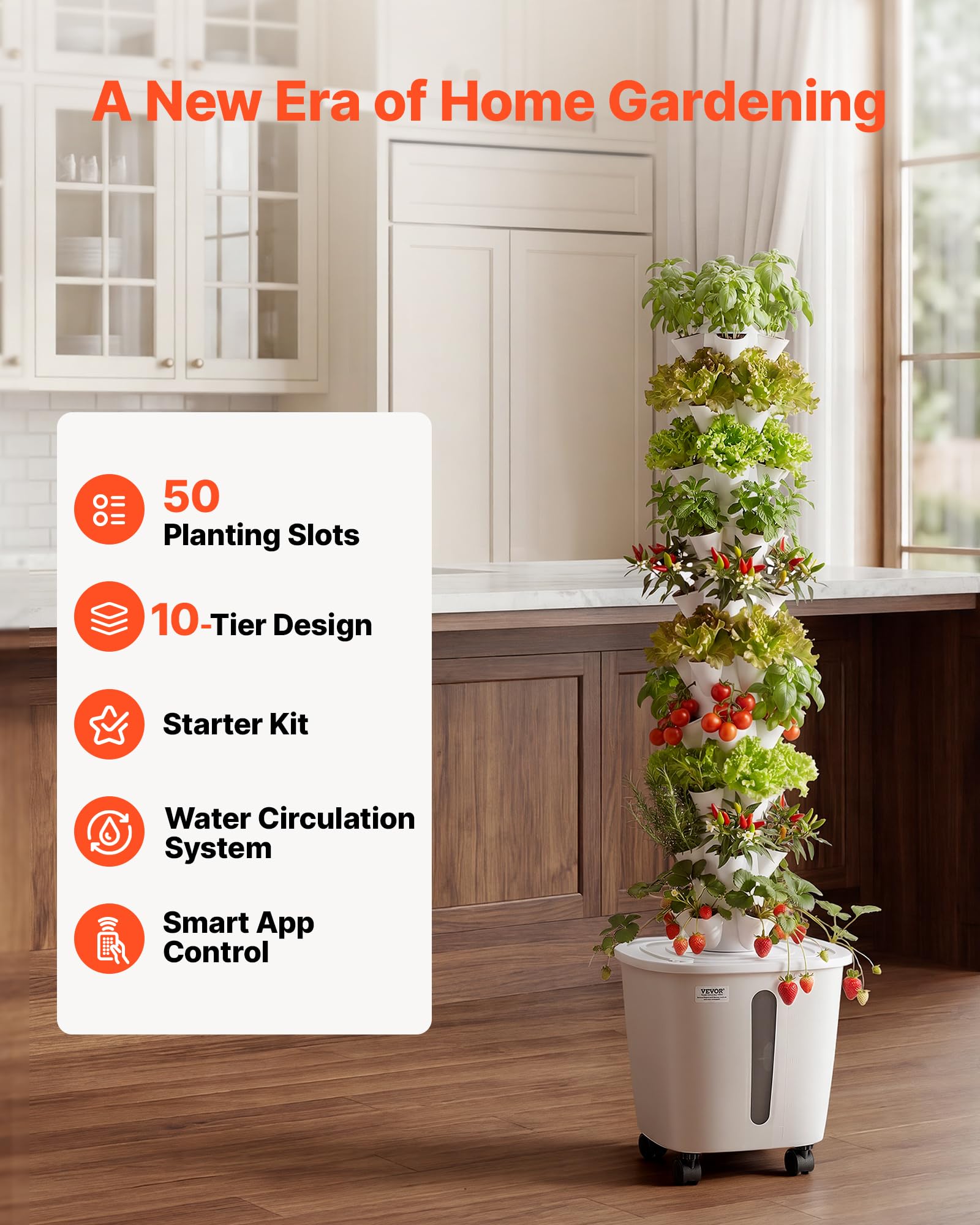 VEVOR Kit de Cultivo Hidropónico, Sistema de Torre Hidropónica, 10 Niveles y 50 Agujeros, con Ruedas Bomba de Agua y Depósito de 20 Litros, Control Inteligente, Torre de Plantación para Hierbas Frutas