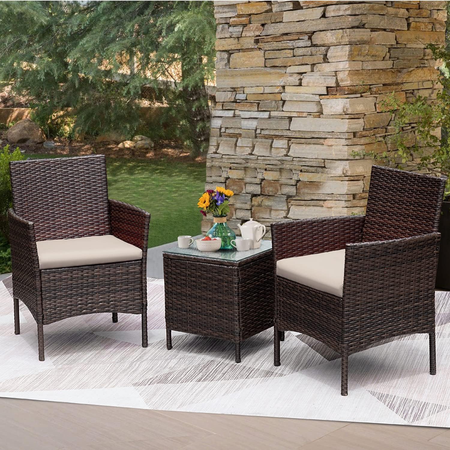 Greesum GS-3RCS8BG 3 Pieces Outdoor Patio Furniture Sets, Brown and Beige : Patio, Lawn & Garden