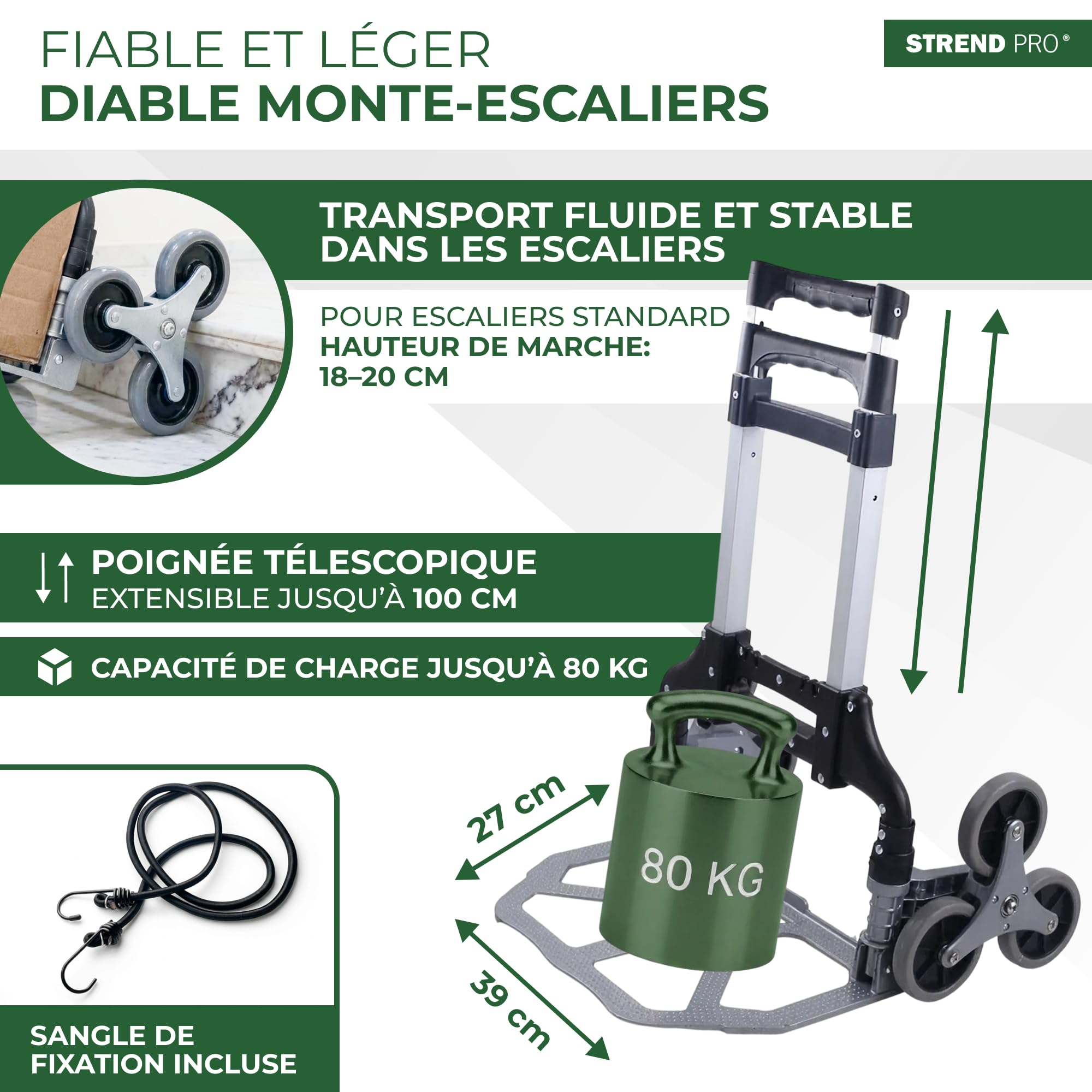STREND PRO Diable Monte-Escalier 80kg | Diable Pliable avec Systeme A 3 Roues | Chariot Robuste pour Escaliers & Marches | Diable Reglable en Hauteur & Compact