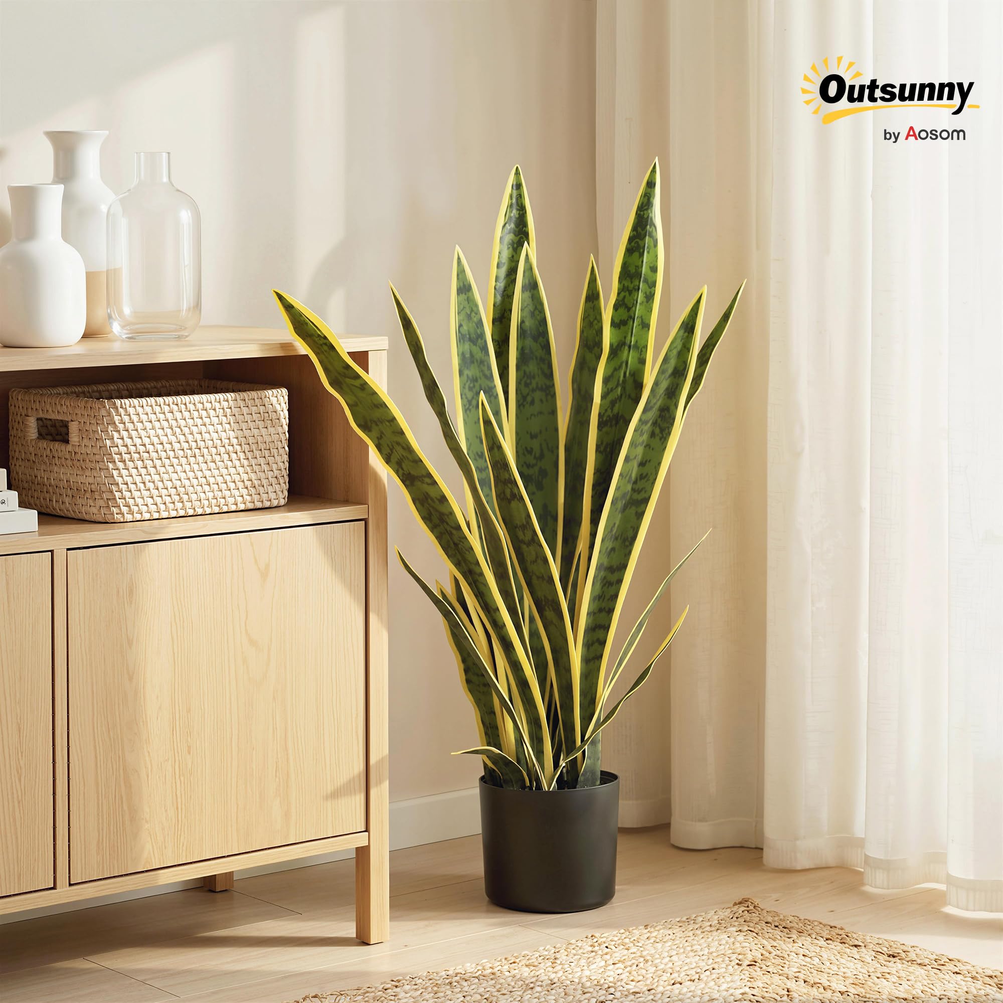 Outsunny Sanseveria Artificiale in Vaso, Pianta Finta da Esterno e Interno con 21 Foglie Modellabili, per Interno ed Esterno, Giardino, Ufficio, Soggiorno, Ø15x77 cm