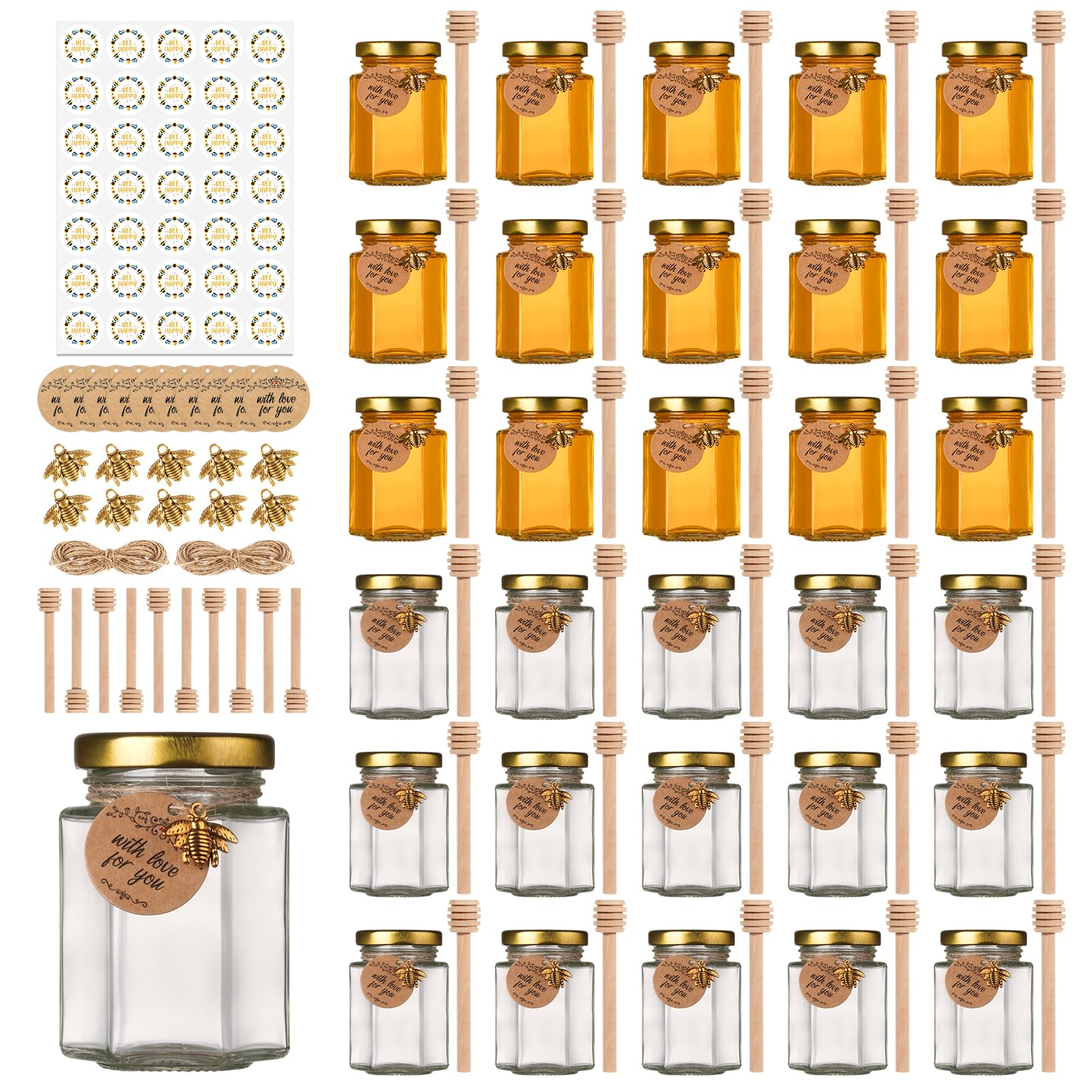 4 oz Small Honey Jars with Dipper, 30 Pack Hexagon Honey Jar for Baby Shower, Empty Glass Jars for Wedding Favors and Party Favors