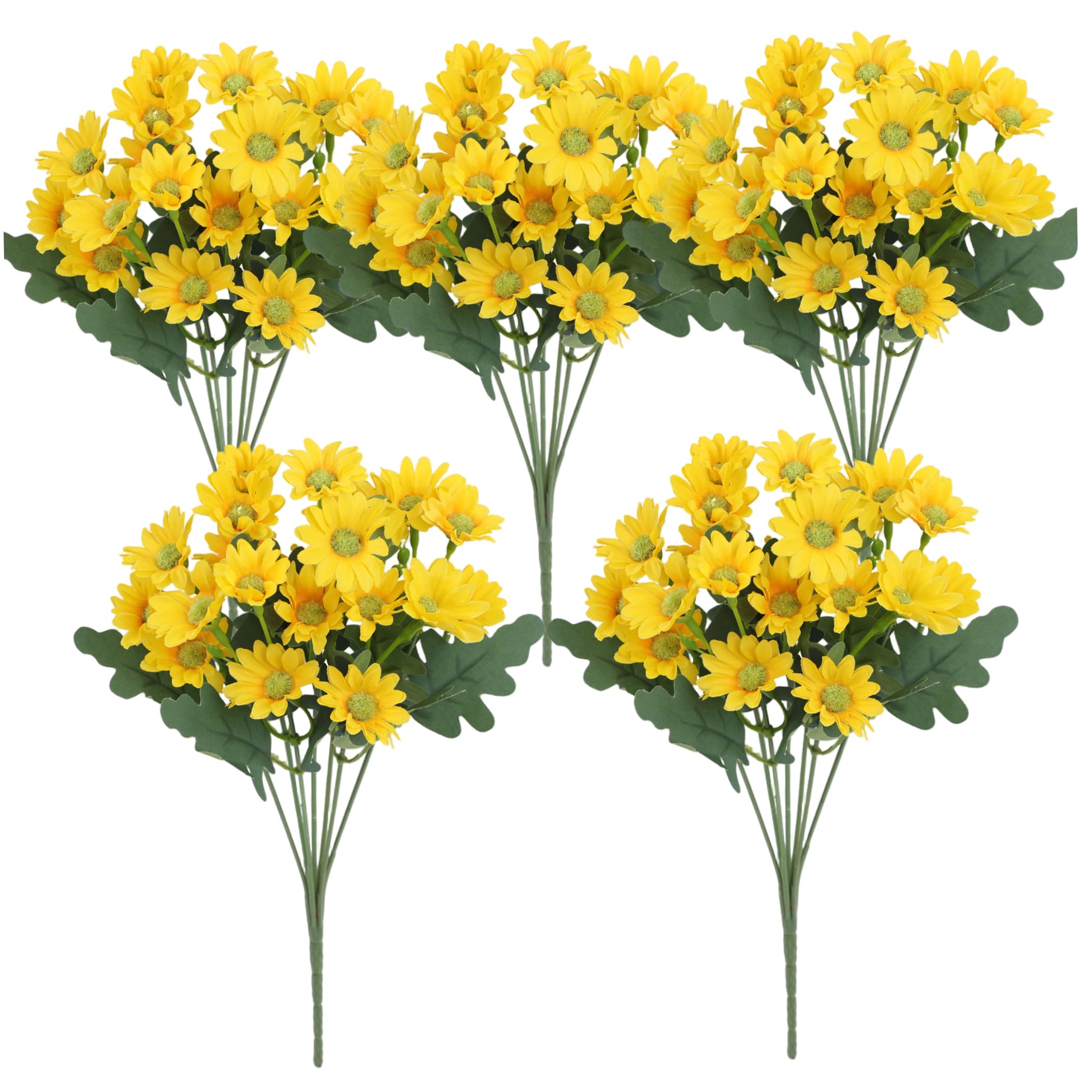 Tsawntd 5 Bundle Artificial Daisies, Lifelike Artificial Mums For Outdoors - UV Resistant Faux Blooms, Yellow, 12.6x5.91 Inch