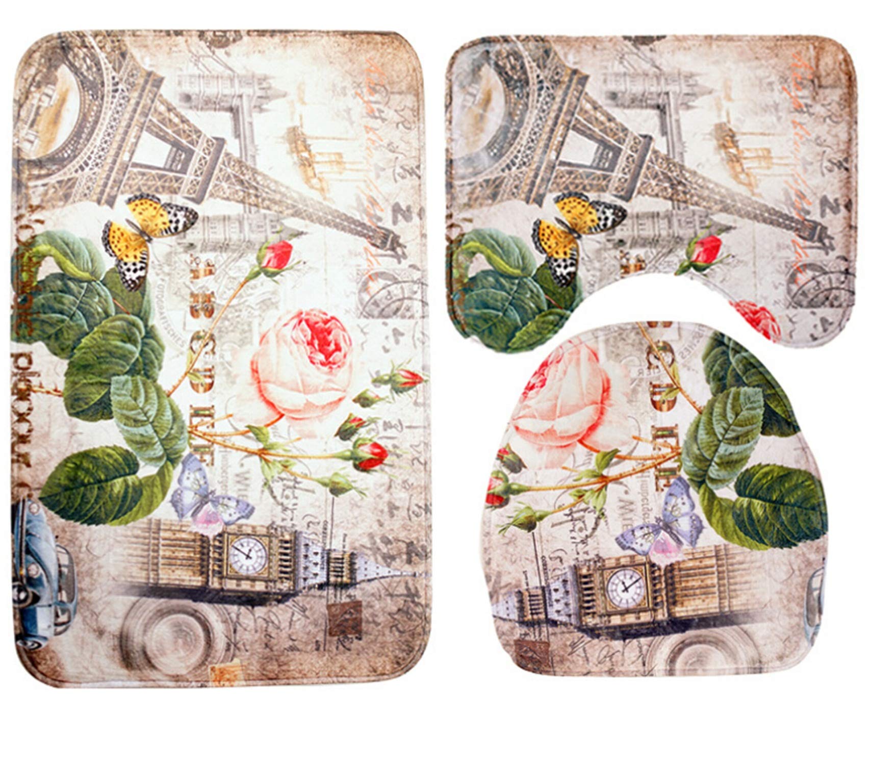 ROMQUEEN 3 Pieces Bathroom Matsbathroom Carpet Set Waterproof Pedestal Mat for Square Toilet Anti Slip Rug Gripper&78X49