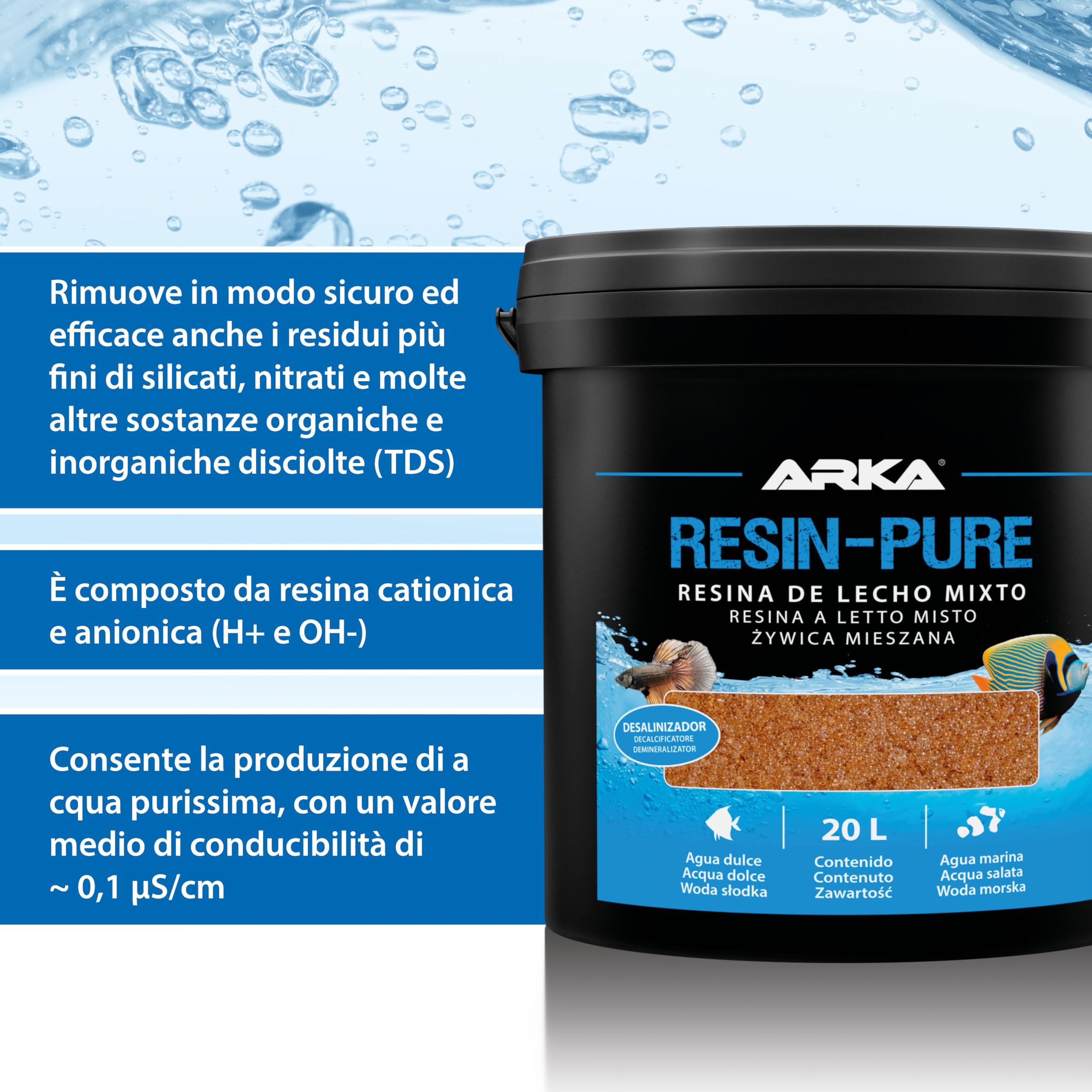 ARKA - Resin-Pure - Resina a letto misto/demineralizzatore - Rimuove silicati, nitrati e TDS dall'acqua dell'acquario - Ideale per filtri a resina su impianti di osmosi - Contenuto: 25 L