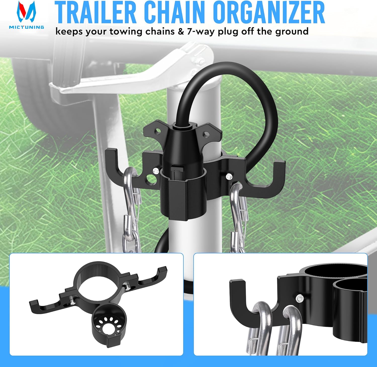 MICTUNING Upgraded Trailer Towing Organizer, 7 Way Plug Heavy Duty Trailer Chain Wire Harness Holder, Anti-Rust High Hardness Aluminum Metal RV Accessories