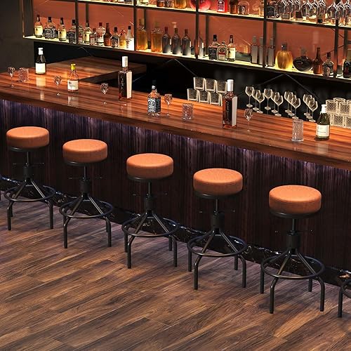 Miniatura 2 de Taburetes de bar industriales, juego de 2 taburetes de bar redondos giratorios ajustables, modernos de cuero sintético de 28 pulgadas, taburete de