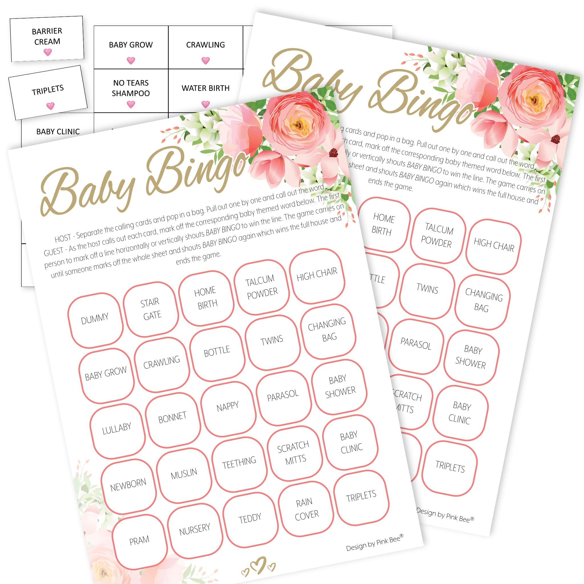 Pink Bee Parties Baby Bingo in Stylish Pink Floral Theme - Baby Shower Game - 20 Players