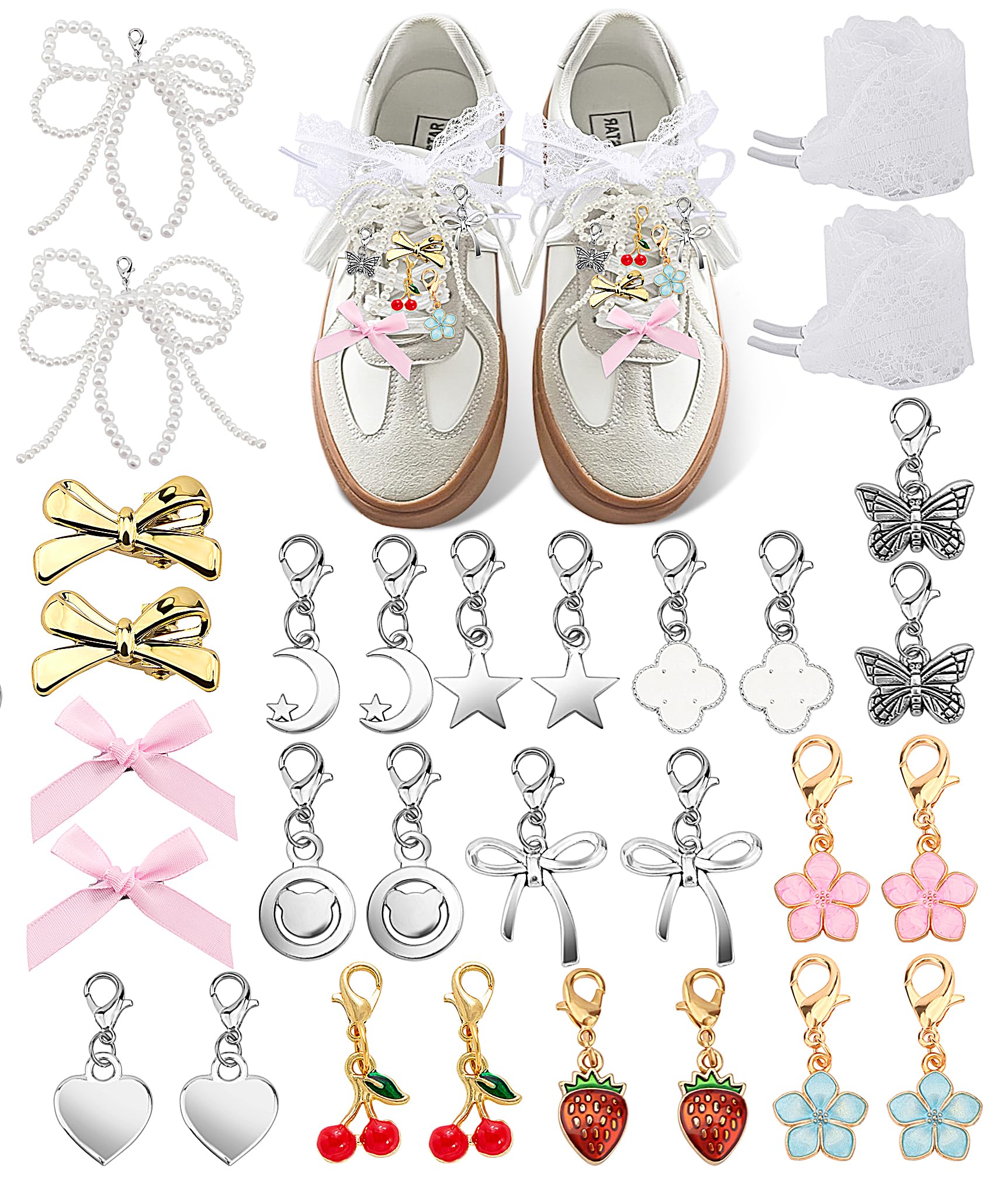 Yawlsow 30 Pcs Shoe Charms for Sneakers Junk Charm for Women with Ribbon Lace Shoelaces, Clips, Lobster Clasps, Pins, Bows, Pearl Charms Accessories