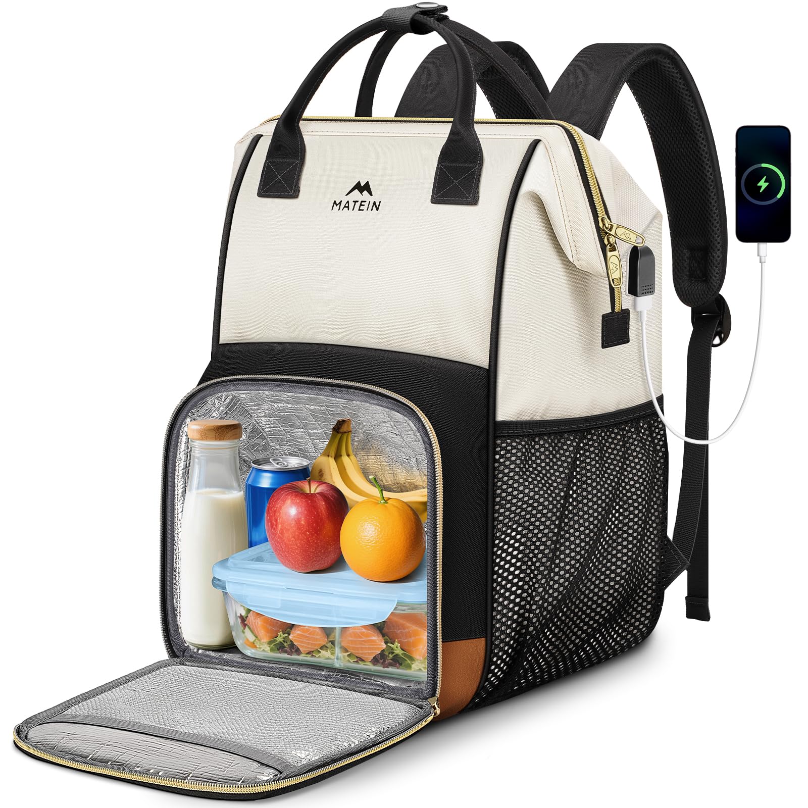 MATEIN Insulated Lunch Backpack for Women, 15.6 Inch Work Laptop Backpack with USB Charging Port, Water-Resistant College Computer Backpacks Meal Prep