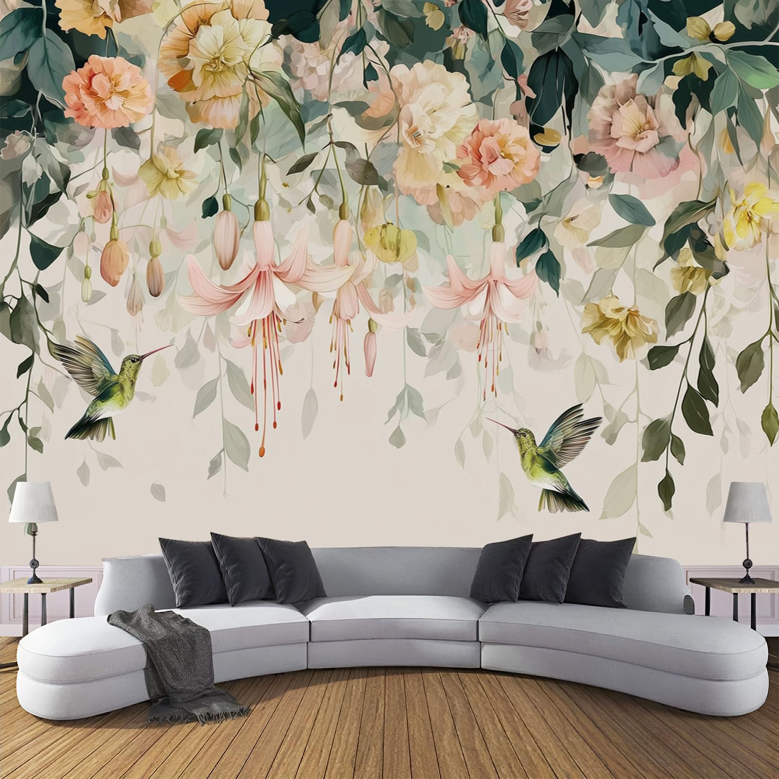 Papier peint panoramique salon beige revêtement mural fleurs aquarelle 450x315