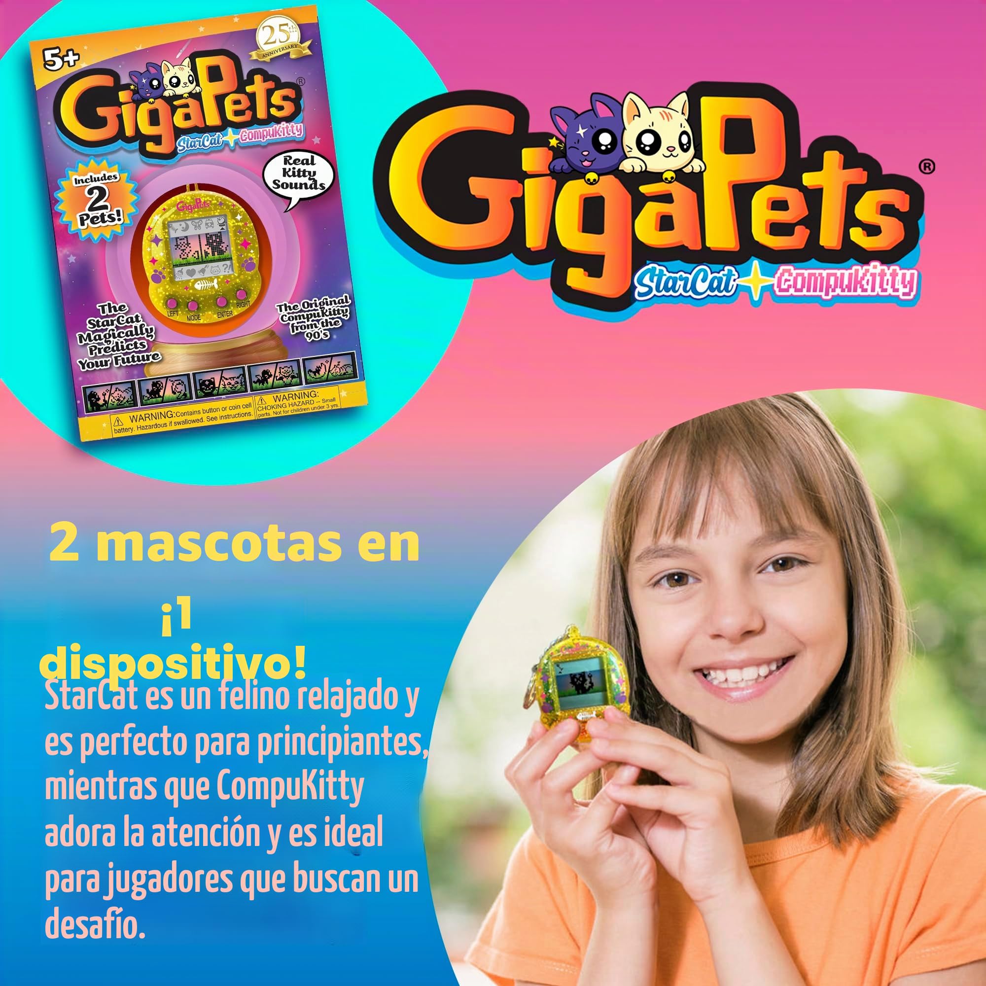 Top Secret Toys Giga Pets CompuKitty & StarCat,Juguete electrónico virtual para mascotas, 2 mascotas, 1 dispositivo, computadora clásica de los años 90, mascota 3D Live in Motion