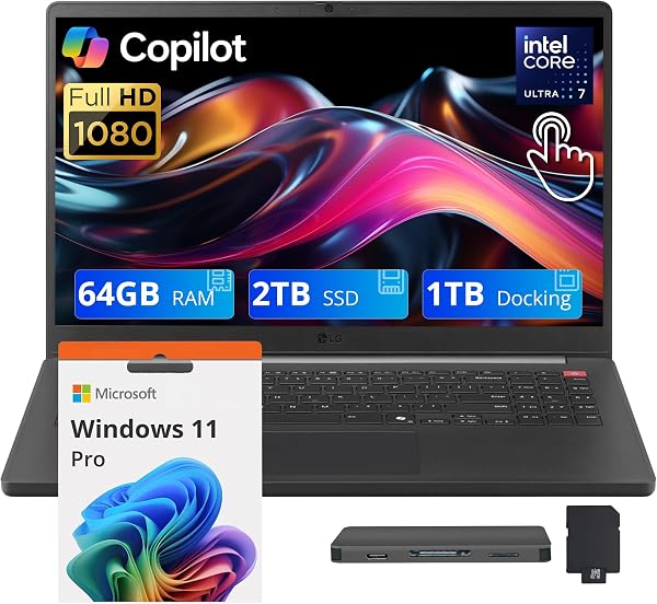 LG Gram 15.6" FHD Touchscreen Laptop, Intel Core Ultra 7 255U, 64GB DDR5 RAM, 3TB Storage (2TB SSD+1TB Docking Station), Intel Graphics, Numeric Keypad, HD Webcam, Wi-Fi 6, Windows 11 Pro, Black