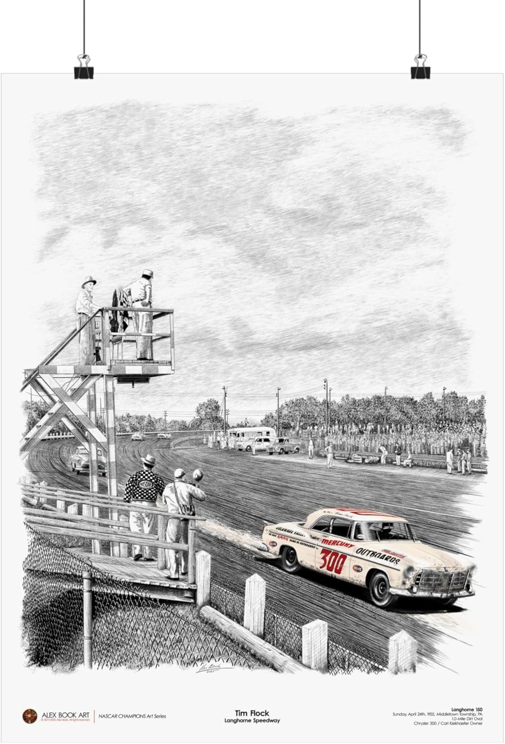 1955 Tim Flock Chrysler Racing Car Art Print | Langhorne Speedway Ink & Watercolor Wall Art | NASCAR Retro Race Poster | Best Home, Office, Garage Décor Gift for Racing Fans