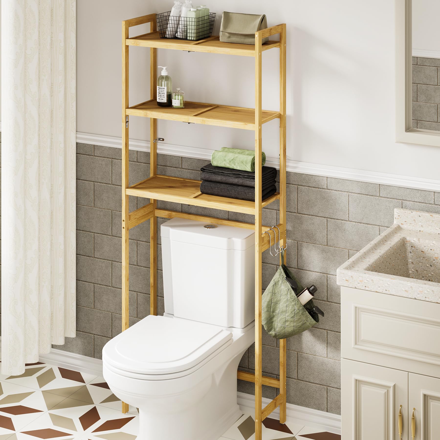AMBIRD Over The Toilet Storage, 3-Tier Bathroom Organizer Over Toilet with Sturdy Bamboo Solid Shelves, Non-Slip Pads and 3 Hooks, Multifunctional