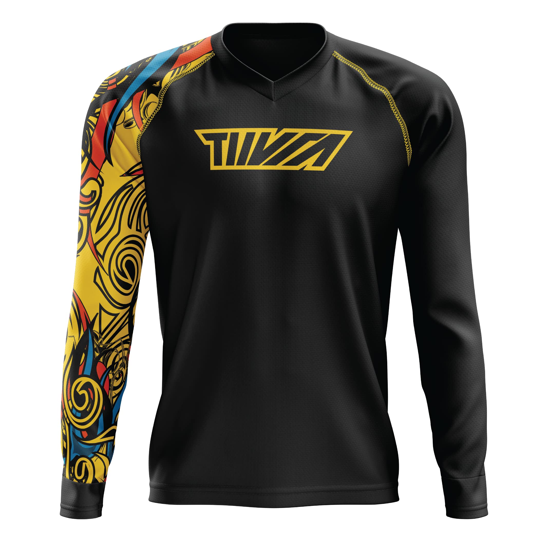 TIIVRADemon, Sweat Absorbing, Ventilated Raglan Jersey - Quick Dry, Moisture Wicking, Ventilated Panels for Riding, Biking, Cycling, Running (Long Sleeve Black, Yellow & Blue Graphic Jersey with Throttle Sleeve)