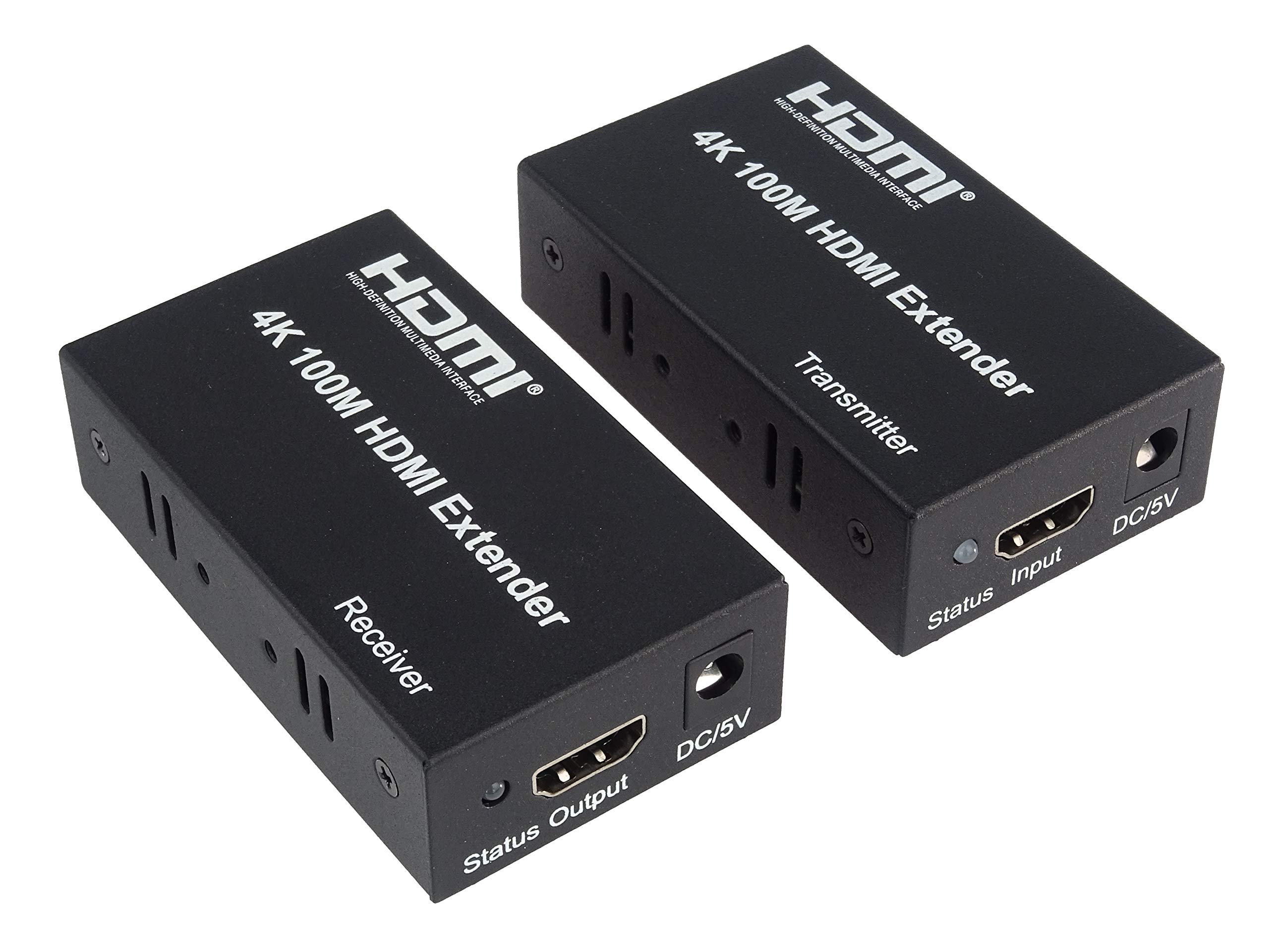 PremiumCord Przedłużacz HDMI 4K na 100 m za pomocą kabla CAT5e/Cat6, metalowa obudowa, status LED, kompatybilny z wideo 4K UHD, Full HD 1080p 60Hz, HDCP, czarny