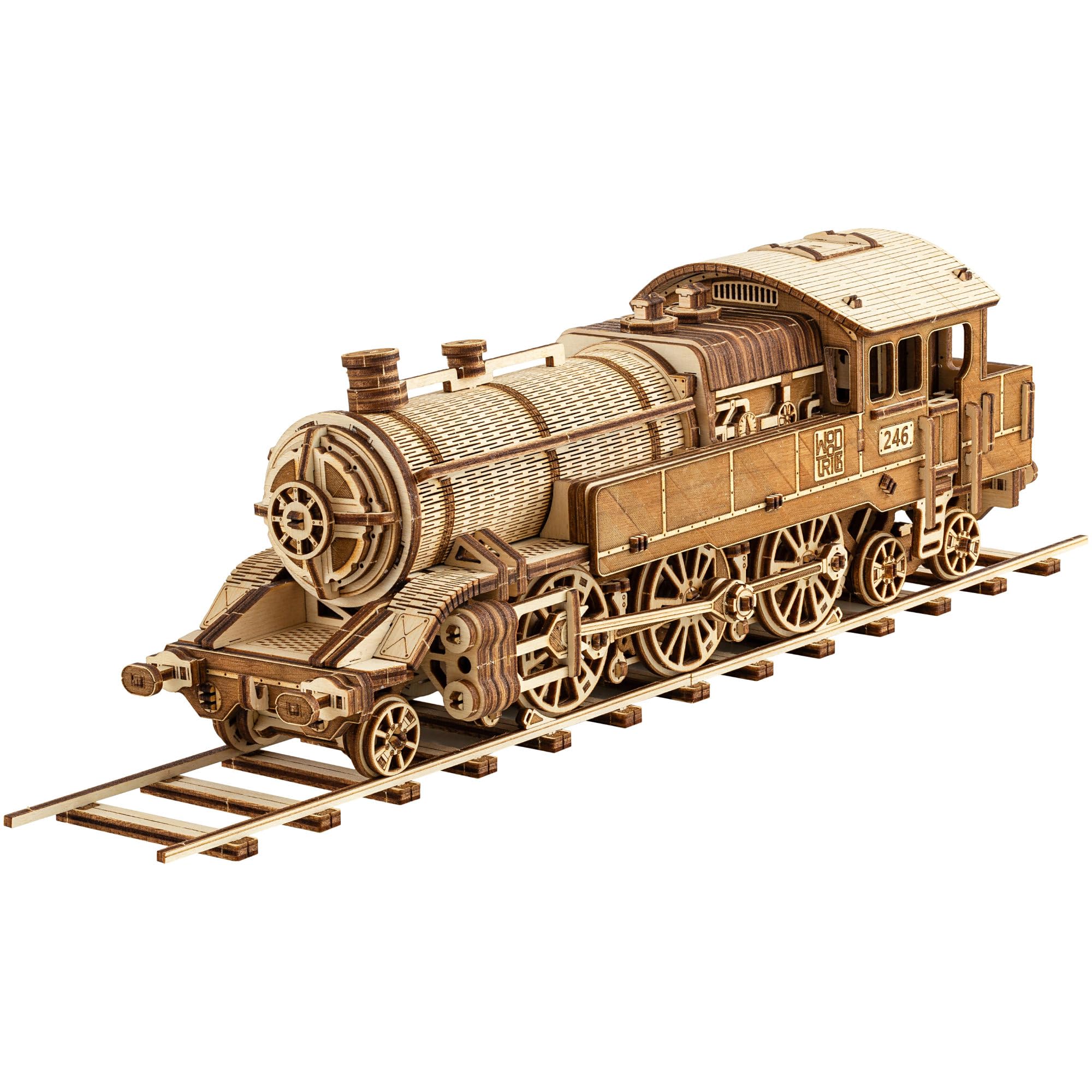 Wood Trick Grand Traveler 246 drewniany zestaw pociągów z koleją - przejażdżki do 6 m - zestaw modeli lokomotywy - drewniane puzzle 3D dla dorosłych do budowania - inżynieryjne modele DIY