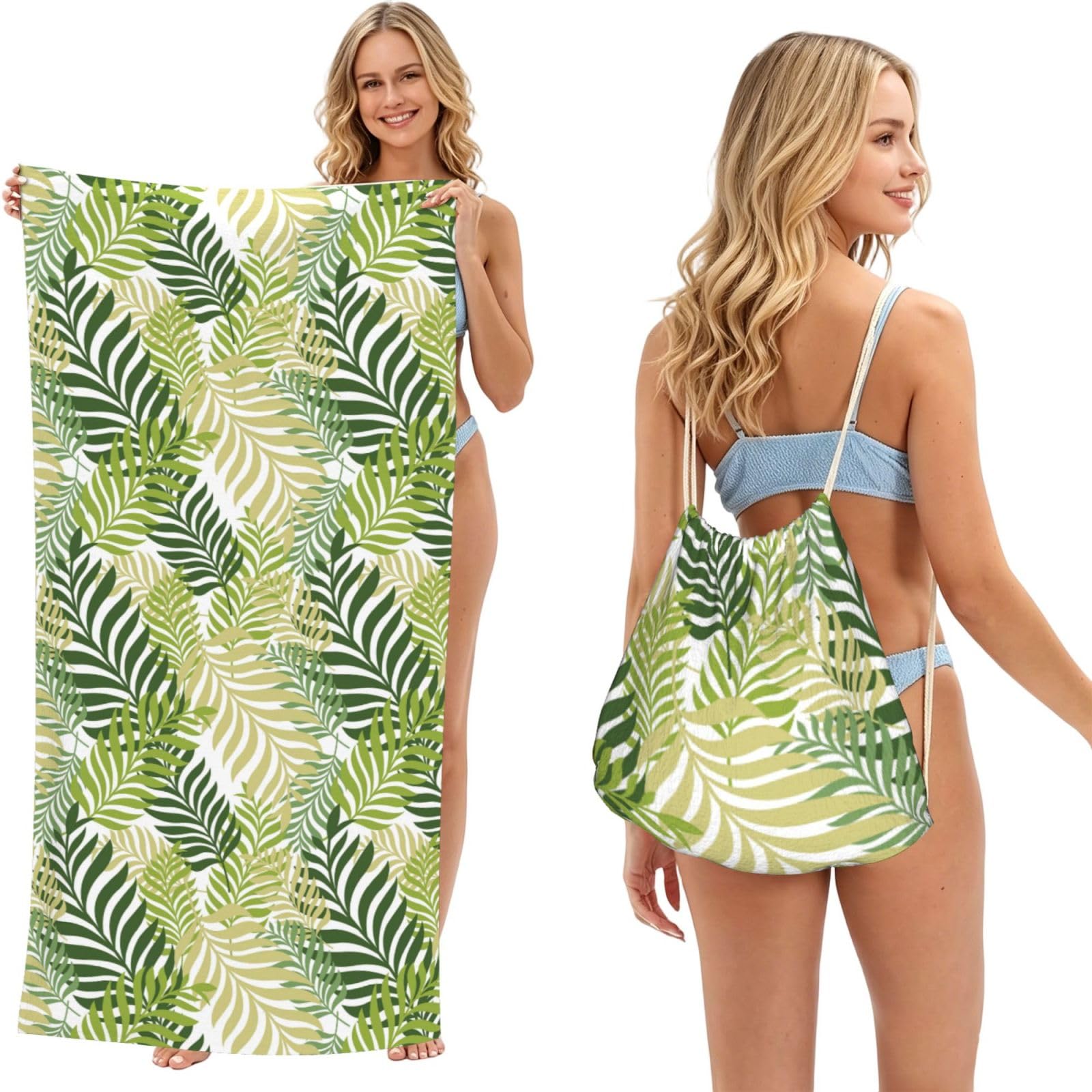 Poadnly As Picture Tropical Exotic Palm Tree Leaves, 2 In 1 Packable Towel Bag, Beach Towels With Drawstring Backpack For Travel Holiday Camping