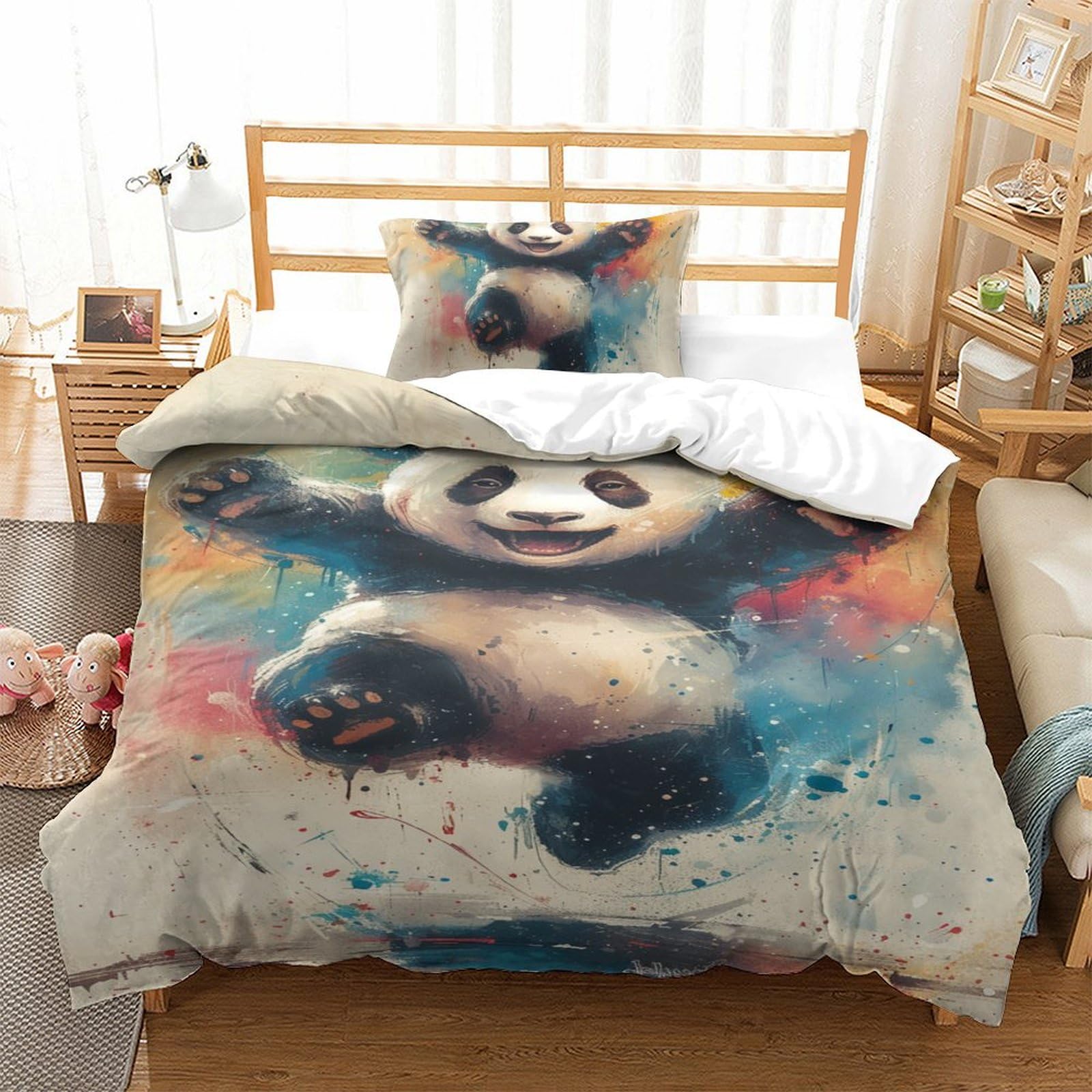 Parure de lit microfibre panda avec taies d'oreiller single 135x200cm imprimé 3D