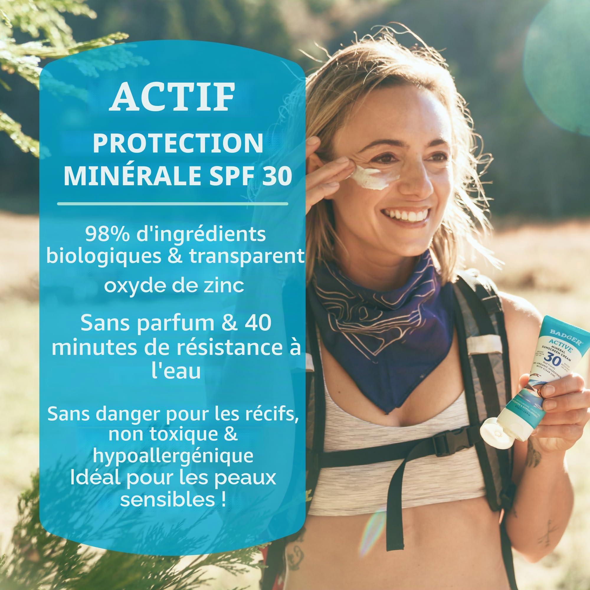 Badger Crème Solaire Minérale Active SPF 30, Large Spectre, 87 ml