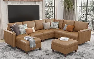 SITJOY Faux Leather Modular Sectional Couches for Living Room, Brown