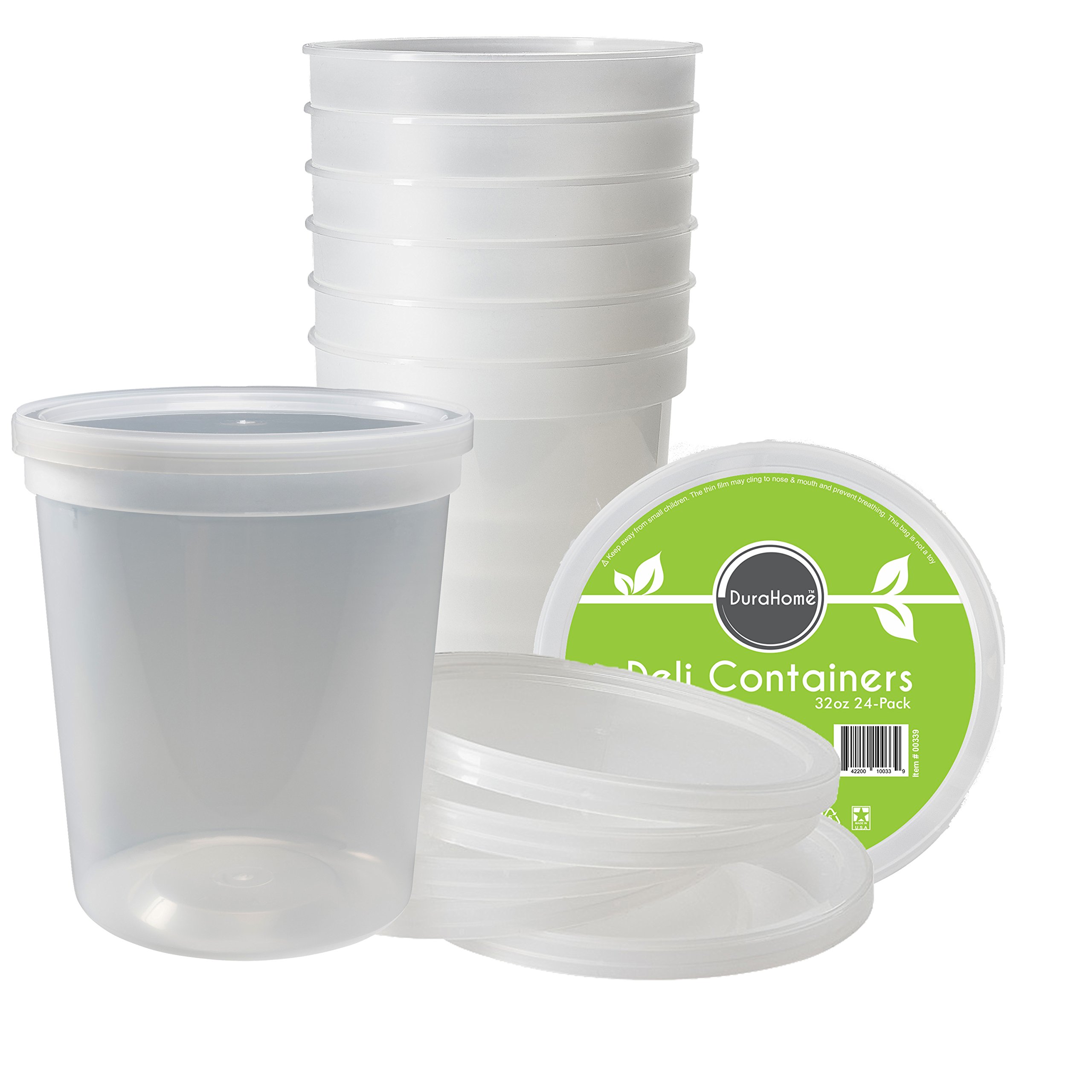 DuraHome - Contenedores de almacenamiento de alimentos Deli con tapas de 32 onzas, paquete de 24 recipientes de almacenamiento de sopa aptos para microondas a prueba de fugas, de plástico transparente de calidad premium