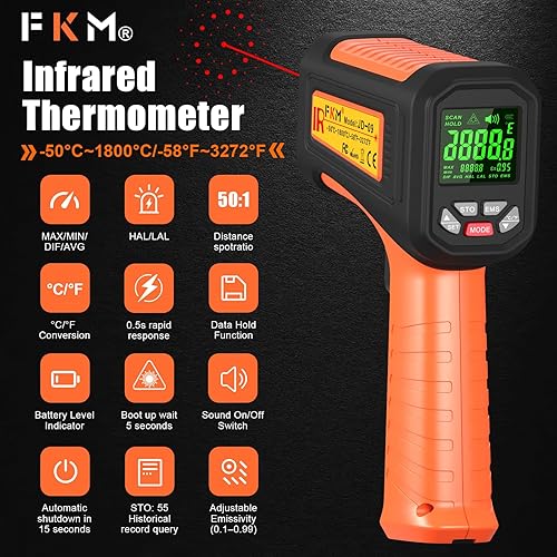 Miniatura 2 de FKM Pistola de termómetro infrarrojo de 58 F  3272 F, pistola de temperatura láser de alta precisión 501 sin contacto, pistola digital de