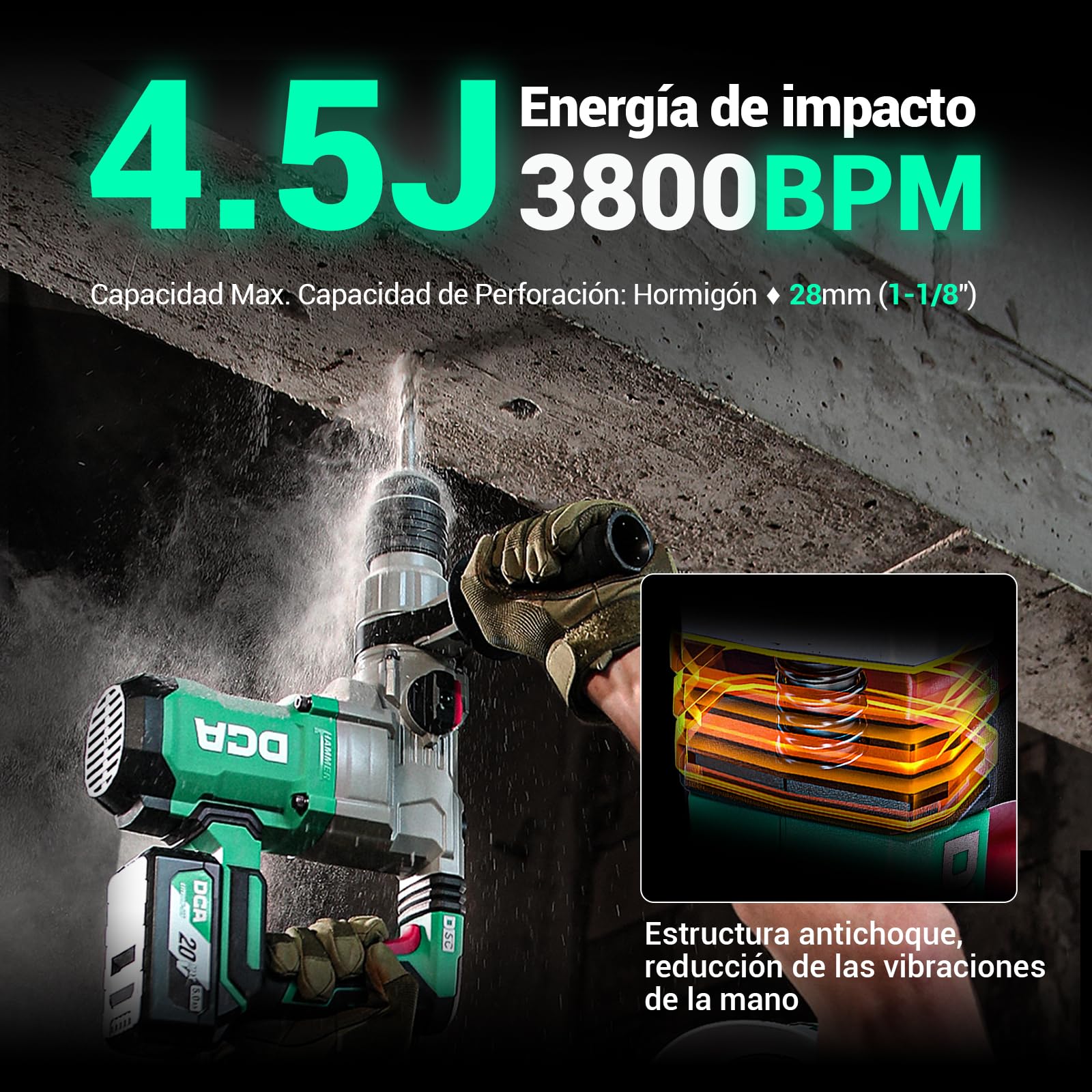 DCA Martillo Perforador sin Cable 20V, 4.5 J de Energía de Golpe y 3800 BPM, 4 Piezas 28mm SDS-Plus, Motor de Alto Rendimiento para Martillo Perforador sin escobillas, Batería 5.0Ah, Cargador Rápido 4