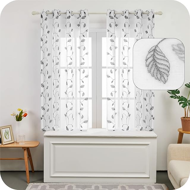 Amazon Brand - Umi Embroidered Leaves Pattern Sheer Curtains Eyelets Linen Effect Voile Curtains Super Soft Net Curtains for Living Room 55 x 69 Grey Two Panels