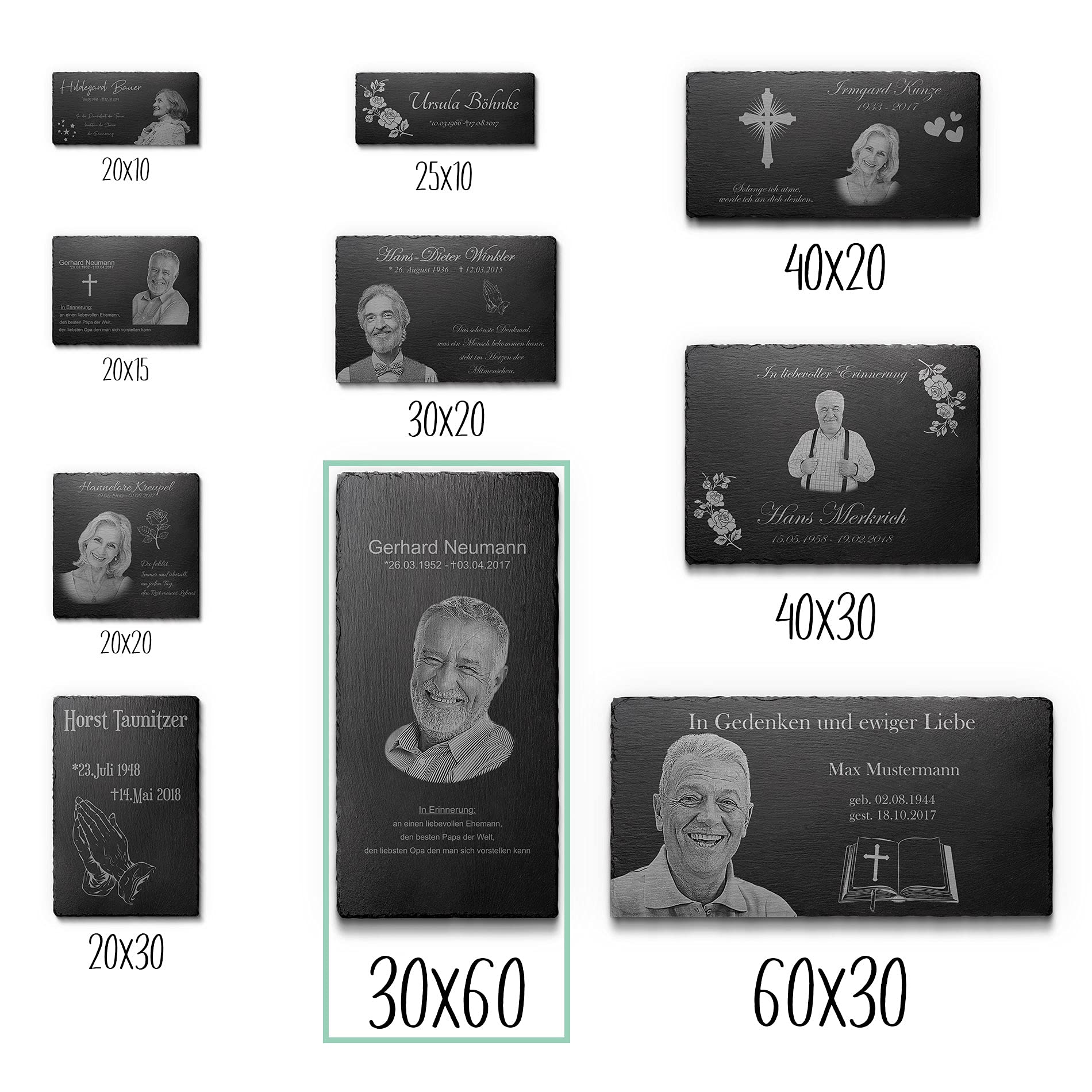CHRISCK design Gedenkstein 100% frei gestaltbar | 30 x 60 cm Schieferplatte für Menschen personalisiert | Grabtafel Schiefertafel aus Schiefer