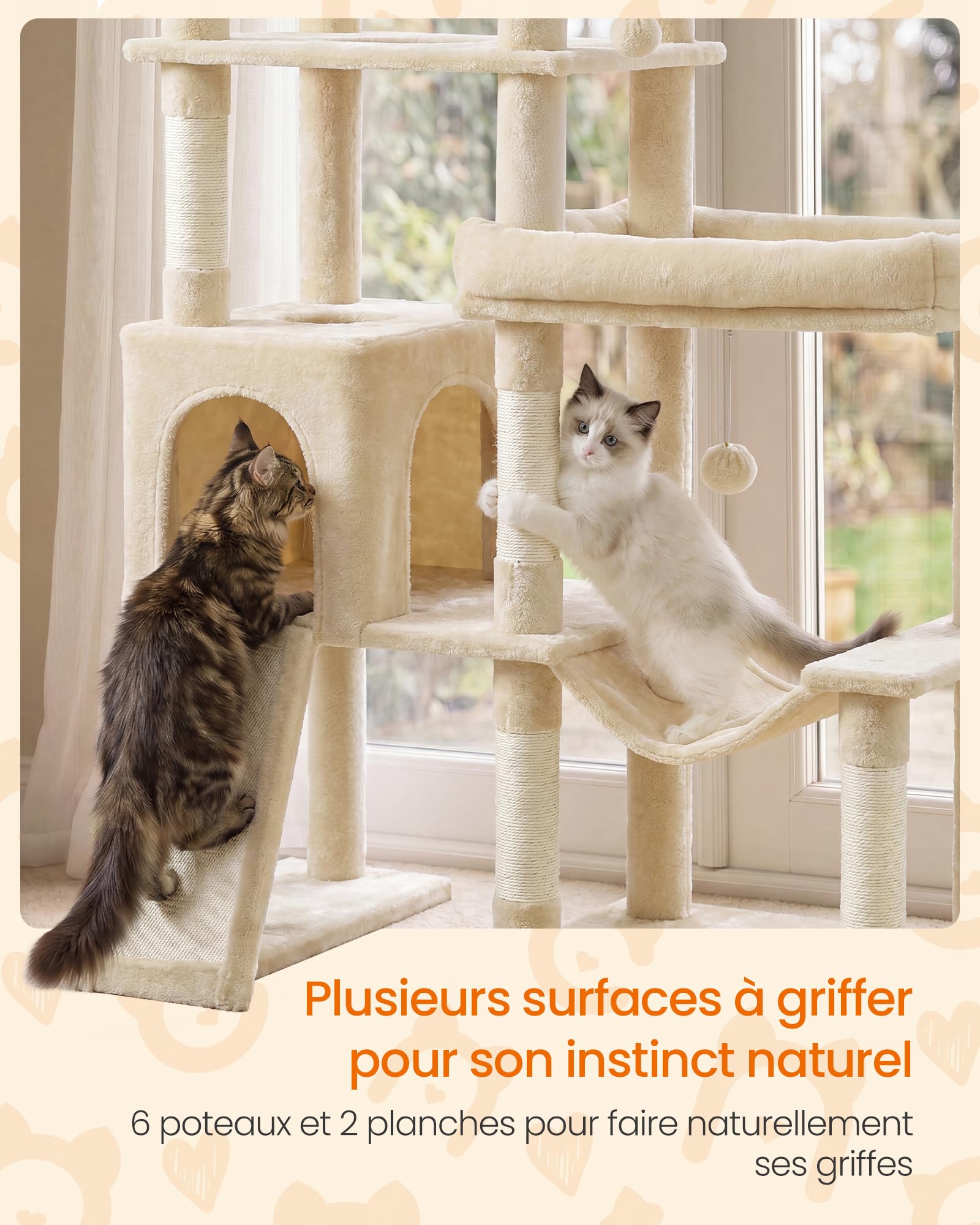 Feandrea Arbre à Chat XXL, Base Double, Poteaux Sisal, 6 Niveaux, Griffoir, 105 x 45 x 202 cm, Beige Clair, Multi-Chats, Collection Clawfy PCT020Y101