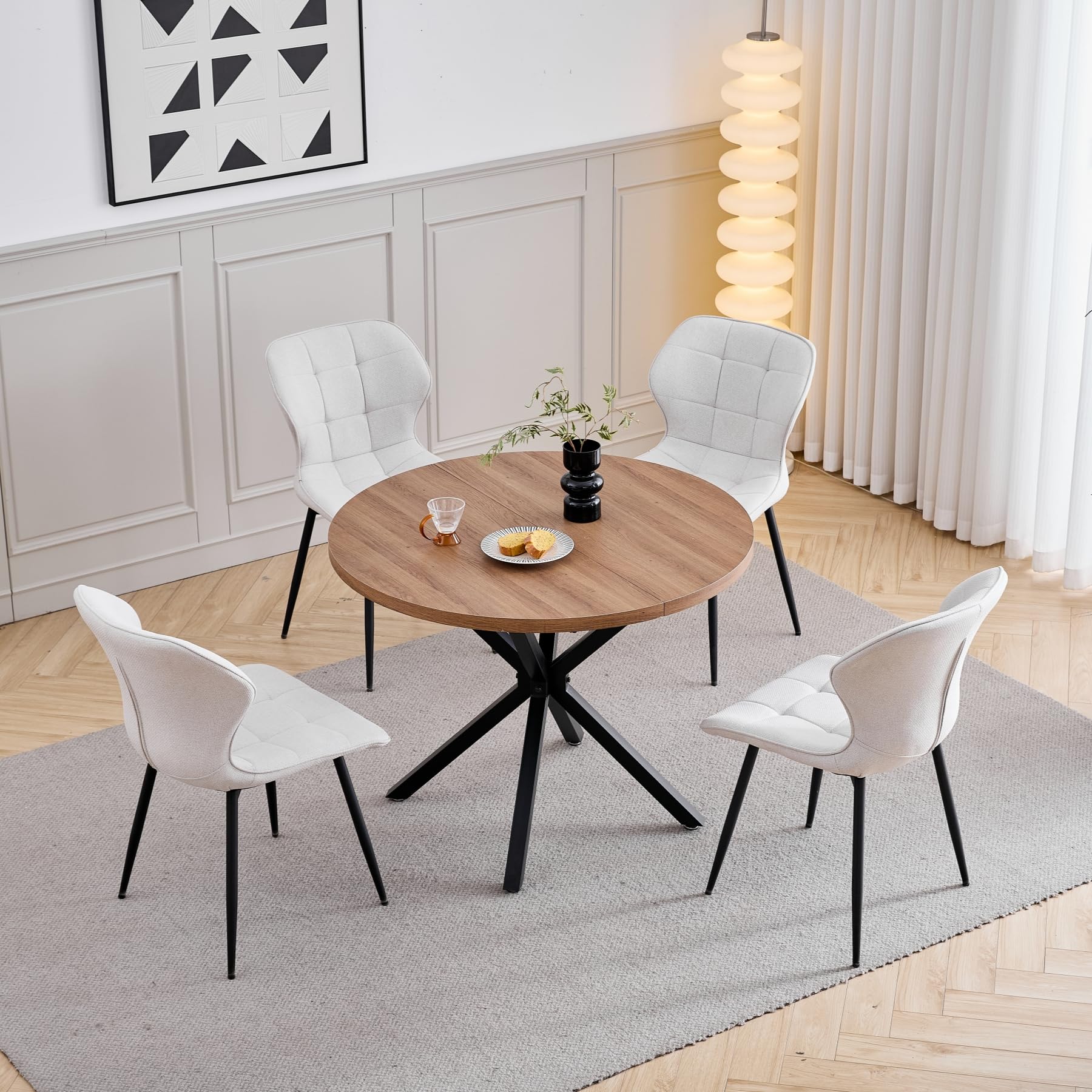 GrandCA HOME Mesa de Comedor Redonda con Tapa Moderna con Rfecto MDF, Mesa de Comedor de Cocina con Cuatro Patas de Metal, para Comedor, Sala de Estar, Marrón Oscuro
