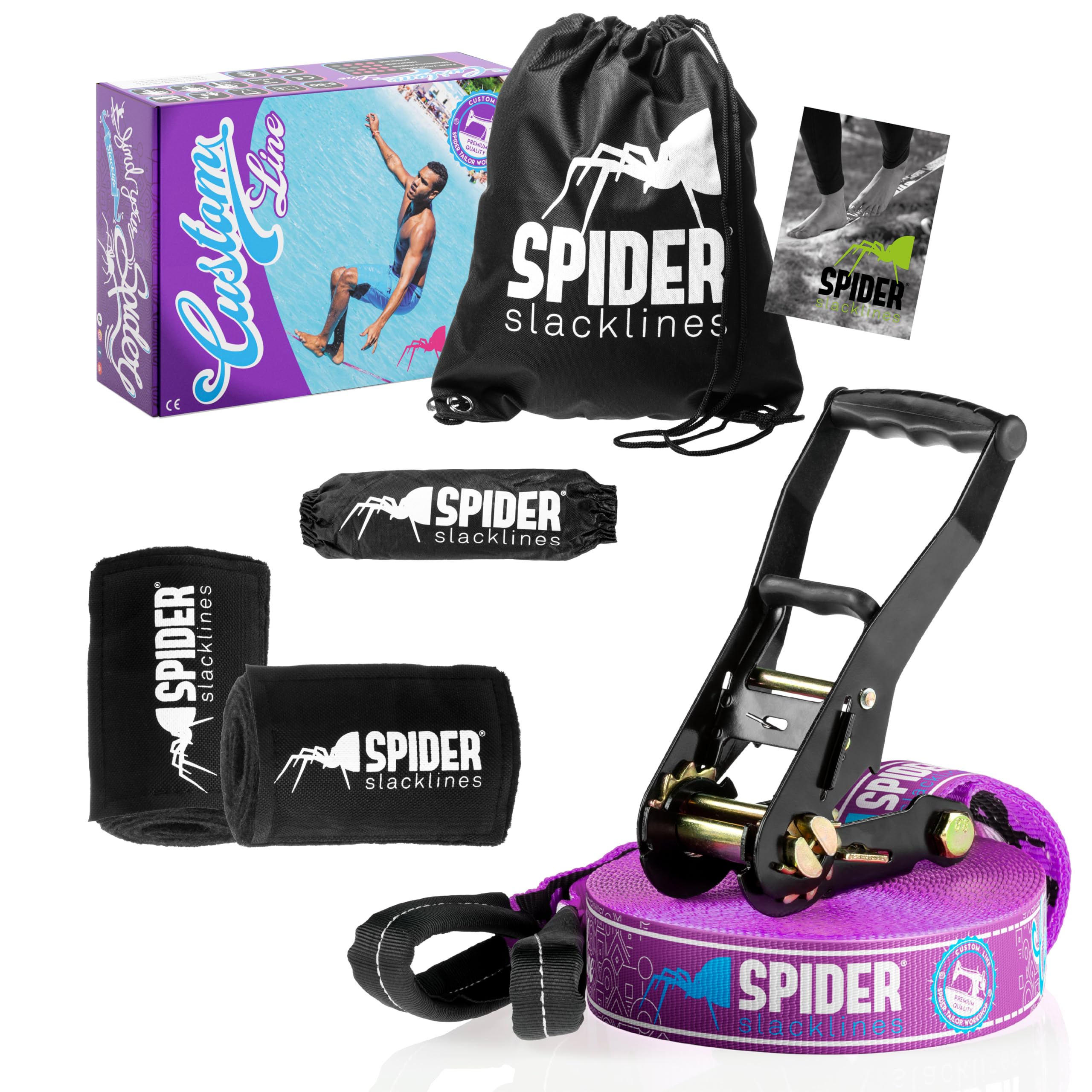 TKSA1 - Kit Slackline Custom - Materiale alta qualità per slackliners esperti o alle prime esperienze con equilibrismo - Set completo fettuccia Lunghezza 15m con 1xCricchetto