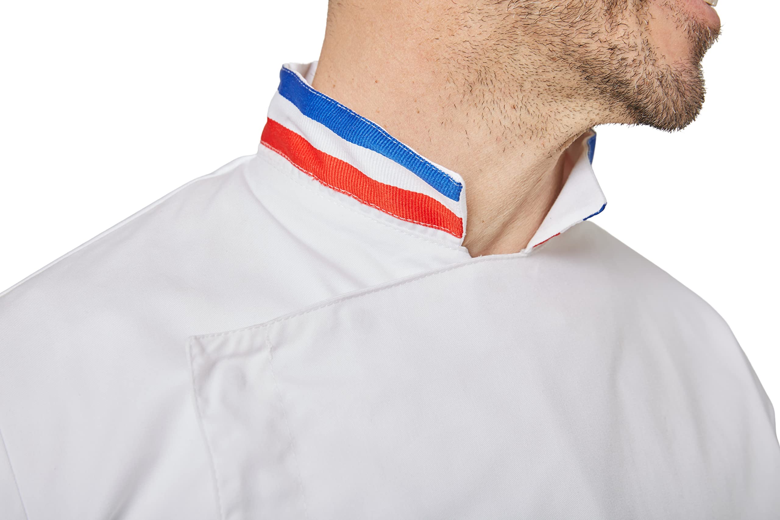 Veste de Cuisine Col Bleu Blanc Rouge Manches Longues Sergé 210 gramme Couleurs Blanc Pressions inoxydables Lavage Machine 90 degrés ou Industriel