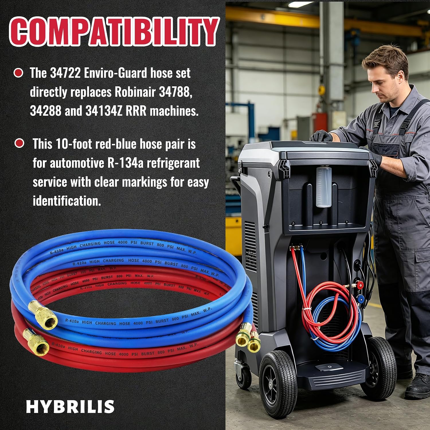 10FT 34722 Enviro-Guard Hose Set for Robinair HVAC Hoses, Red & Blue R-134a Enviro Guard Hose Set for Robinair 34788, 34288, 34134Z RRR Machines, 740 PSI Working Pressure 3700 PSI Burst Pressure
