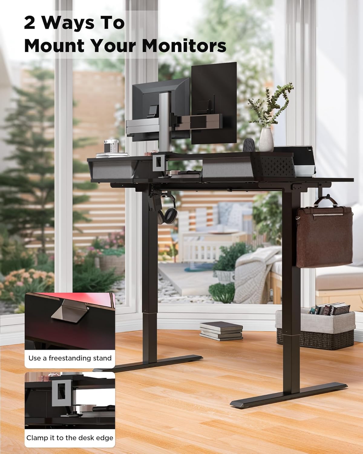 FiCiHi 35x20 Inch Standing Desk with Double Drawers, C-Clamp Mount Compatible, Electric Adjustable Height Computer Stand Up Desks, Home Office Sit Stand Table with 3 Preset Heights & 2 Hooks, Black